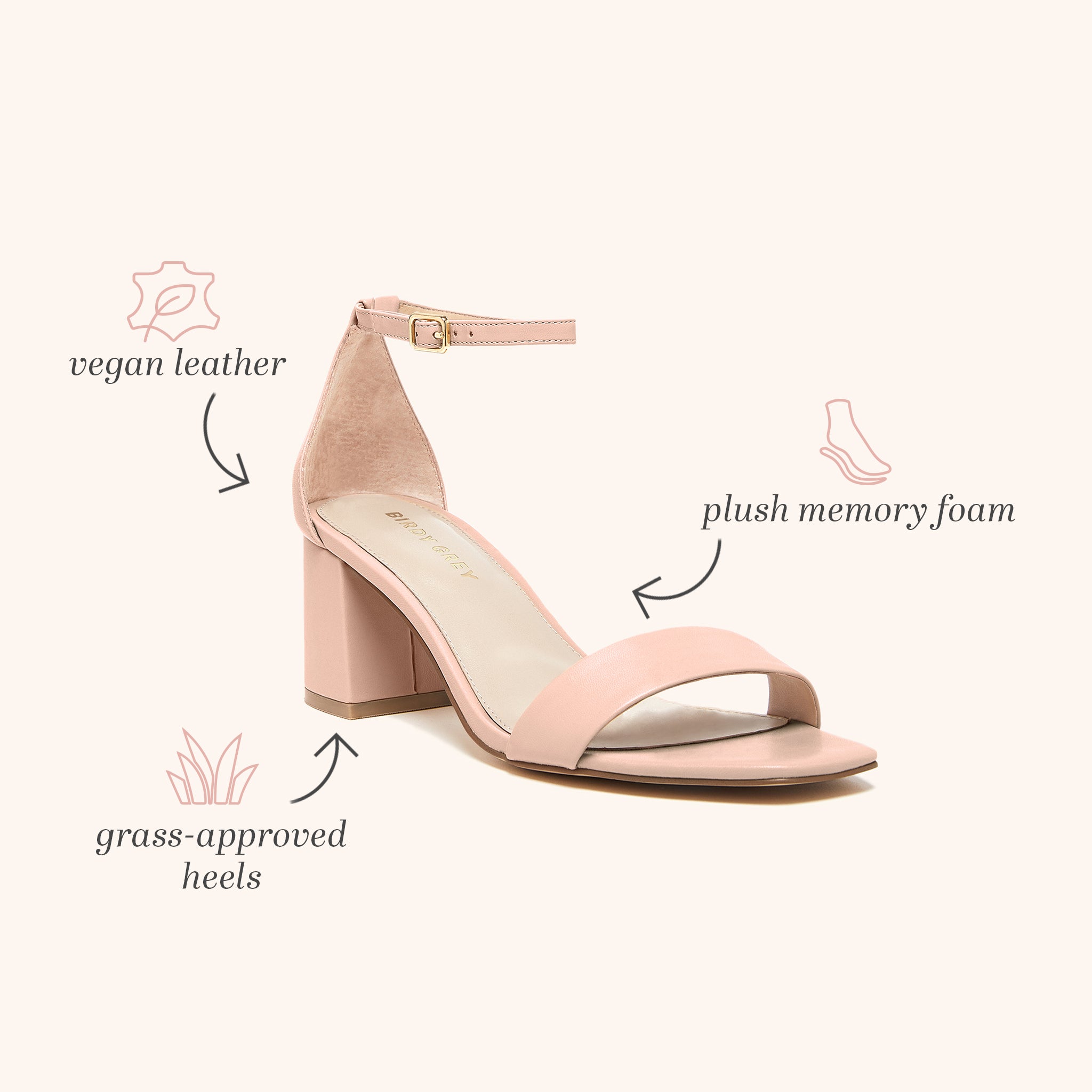 Front side view of the Natalie Chunky Heel shoe in nude blush in vegan leather with arrows and labels pointing to shoe features. An arrow pointing to the shoe is labeled 