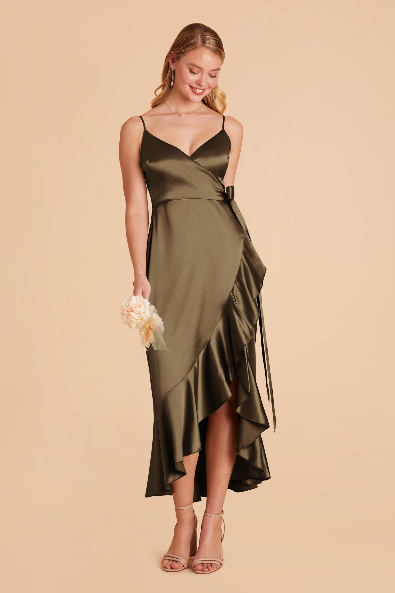 YC Shiny Satin Midi Dress - Olive