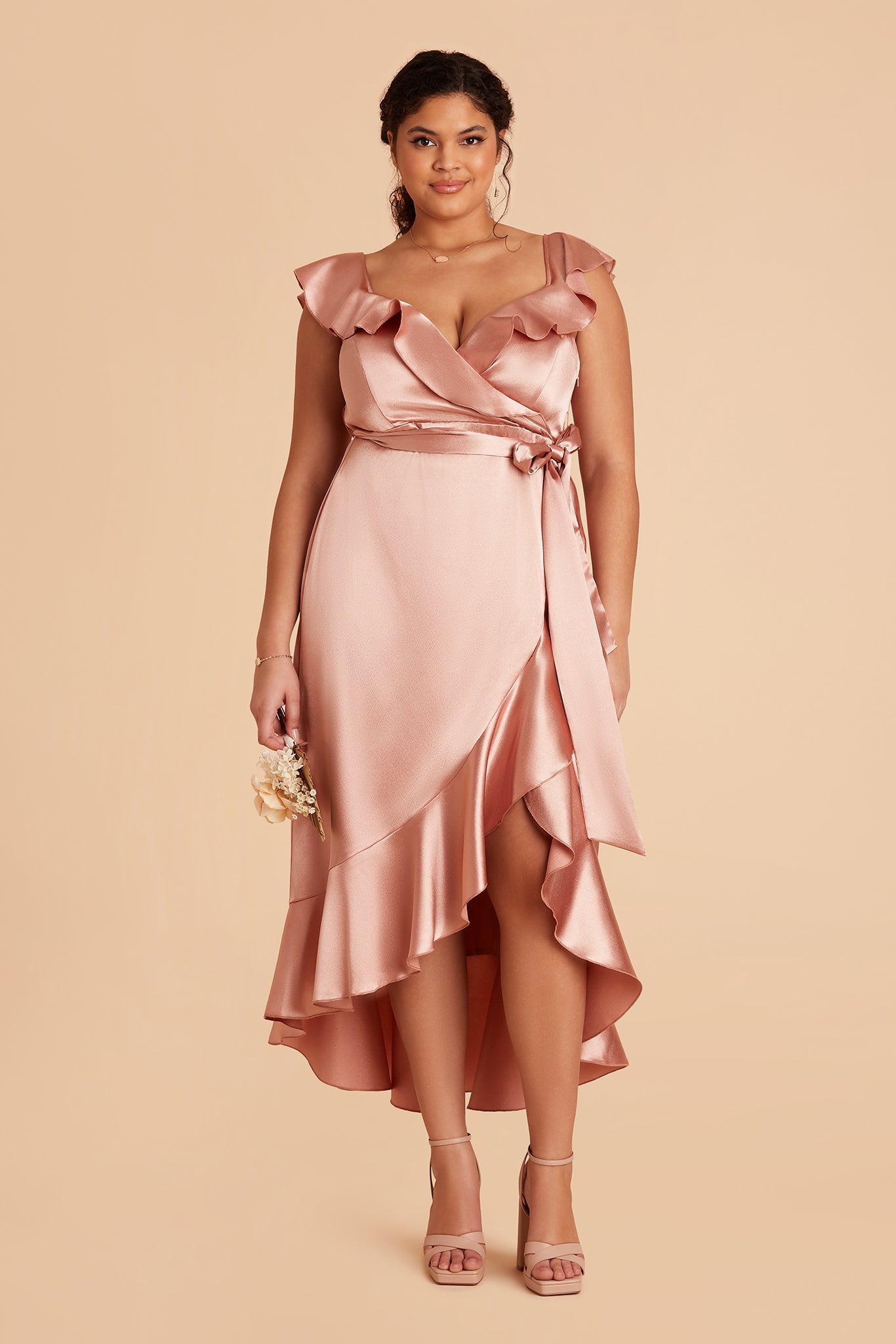 James Shiny Satin Midi Dress - Rose Gold