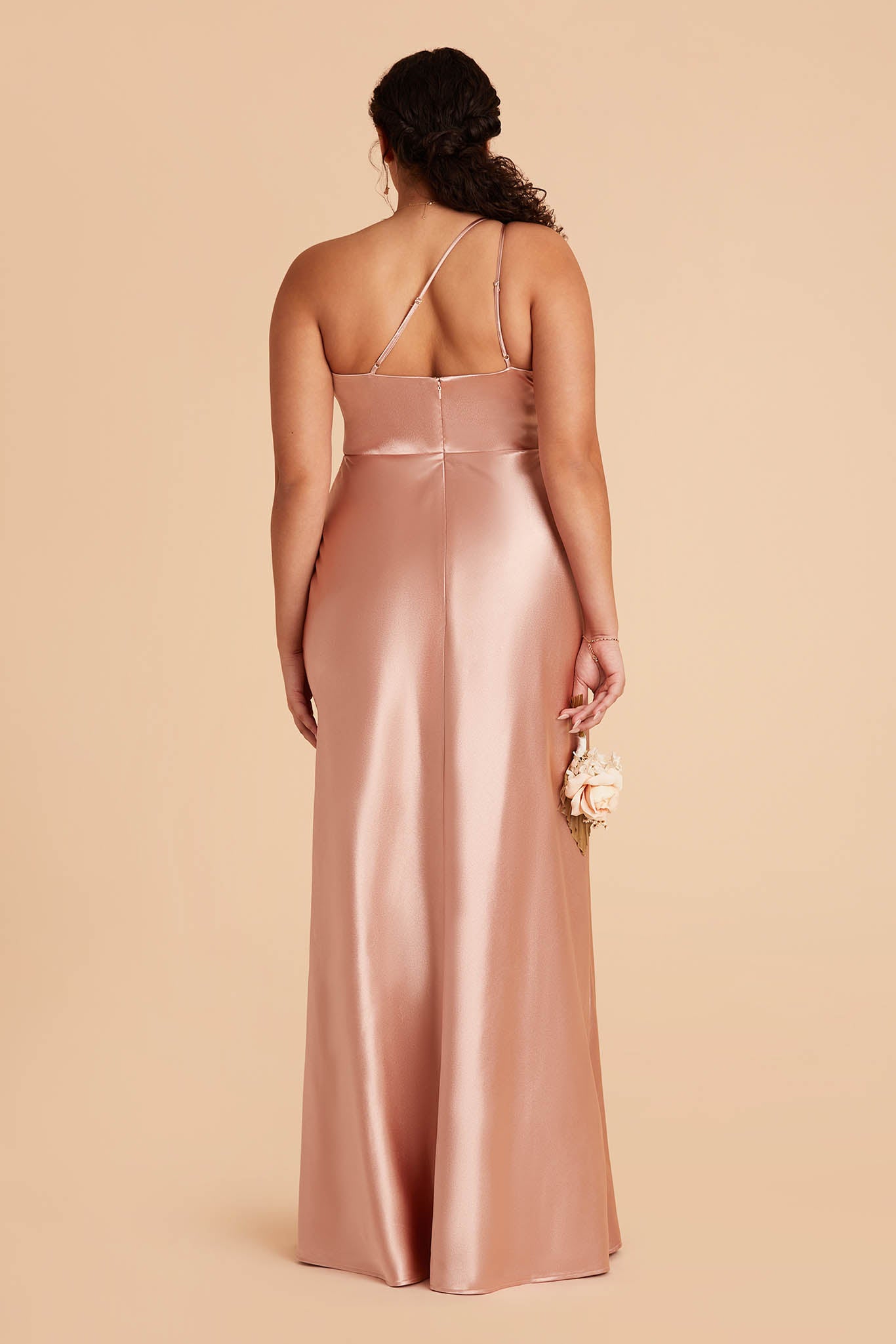 plus size long rose gold pink satin one-shoulder neckline with modern thin straps bridesmaid dress