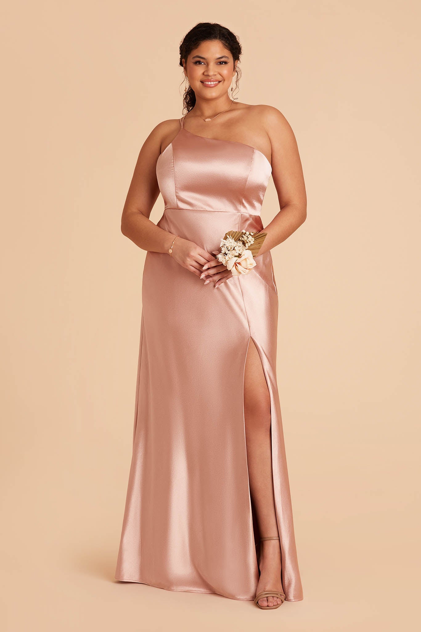 plus size long rose gold pink satin one-shoulder neckline with modern thin straps bridesmaid dress