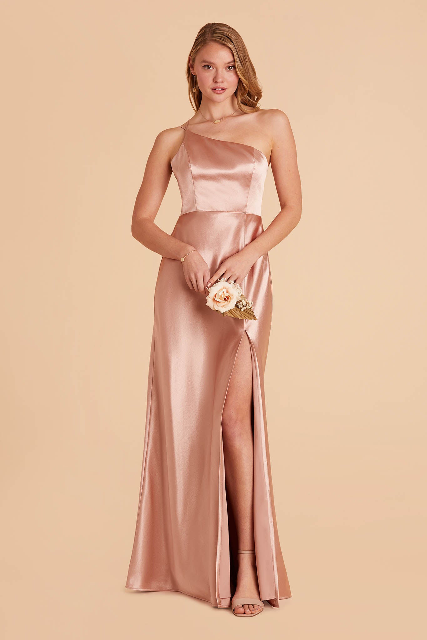 long rose gold pink satin one-shoulder neckline with modern thin straps bridesmaid dress