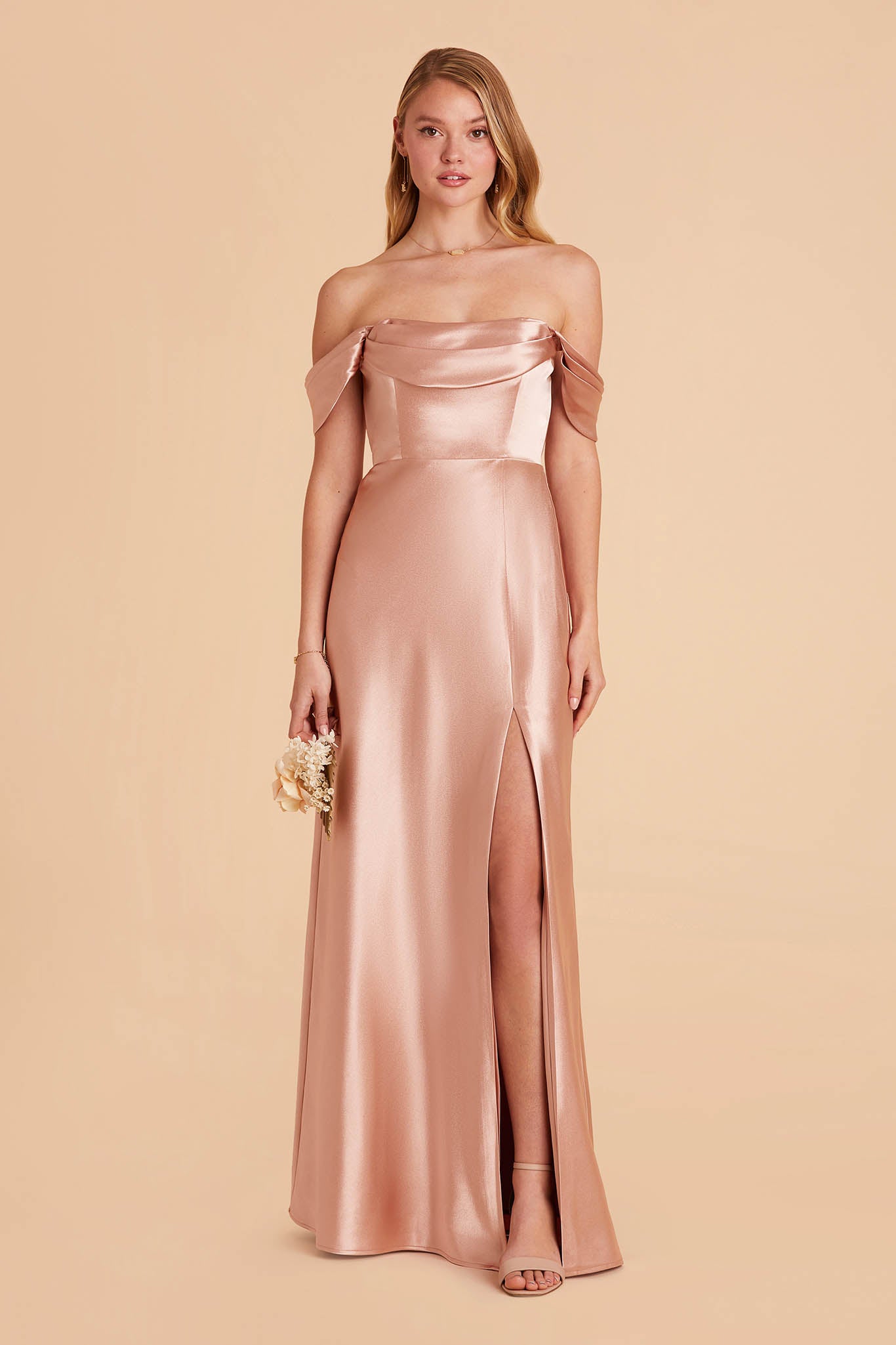 rose gold pink satin bridesmaid dress with pleated cowl neck