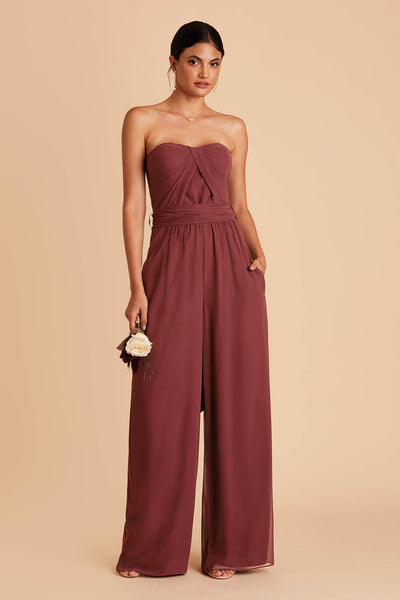 Red wedding jumpsuit with sweetheart bodice with convertible neckline