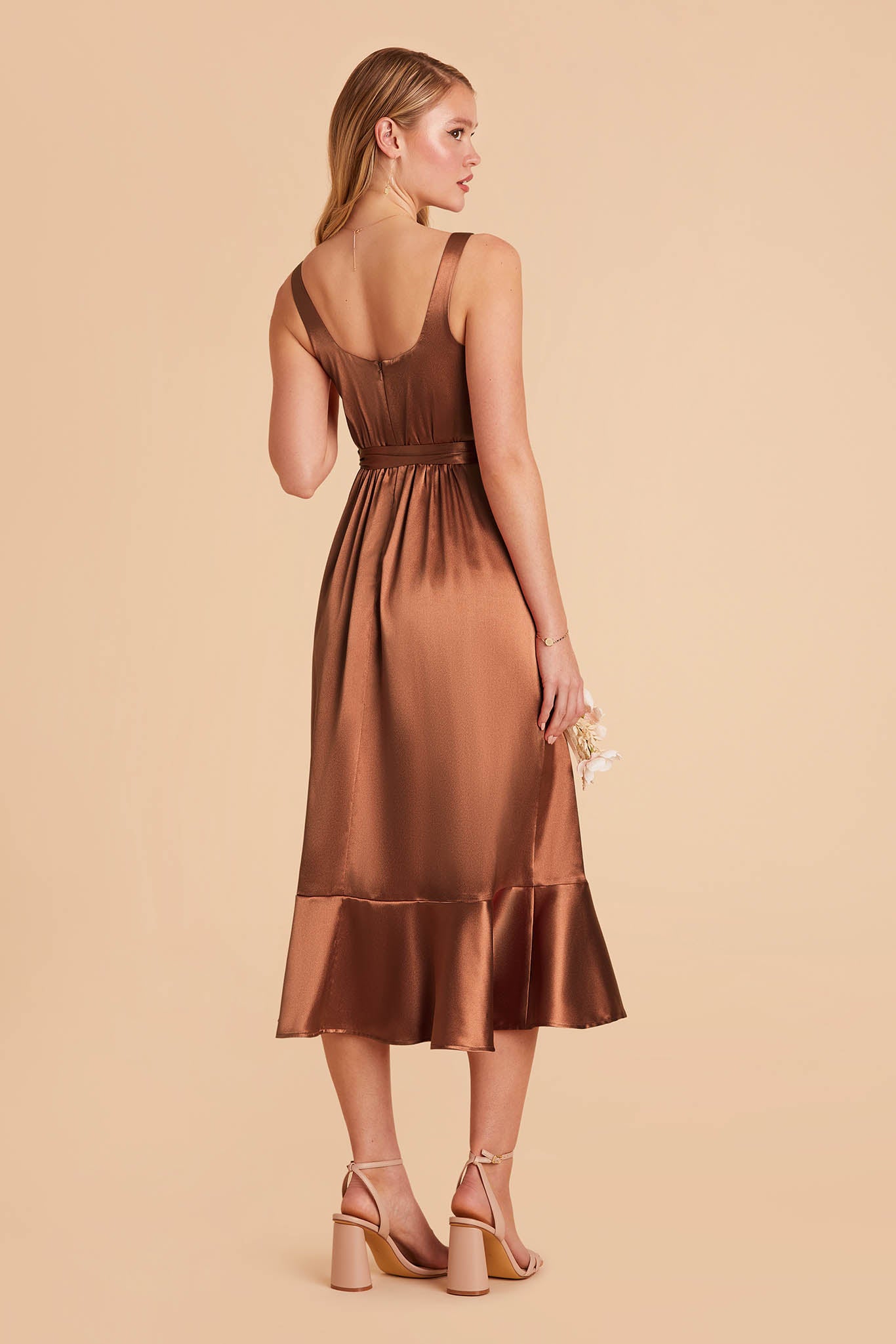 rust brown satin convertible pinafore-style midi bridesmaid dress with ruffles