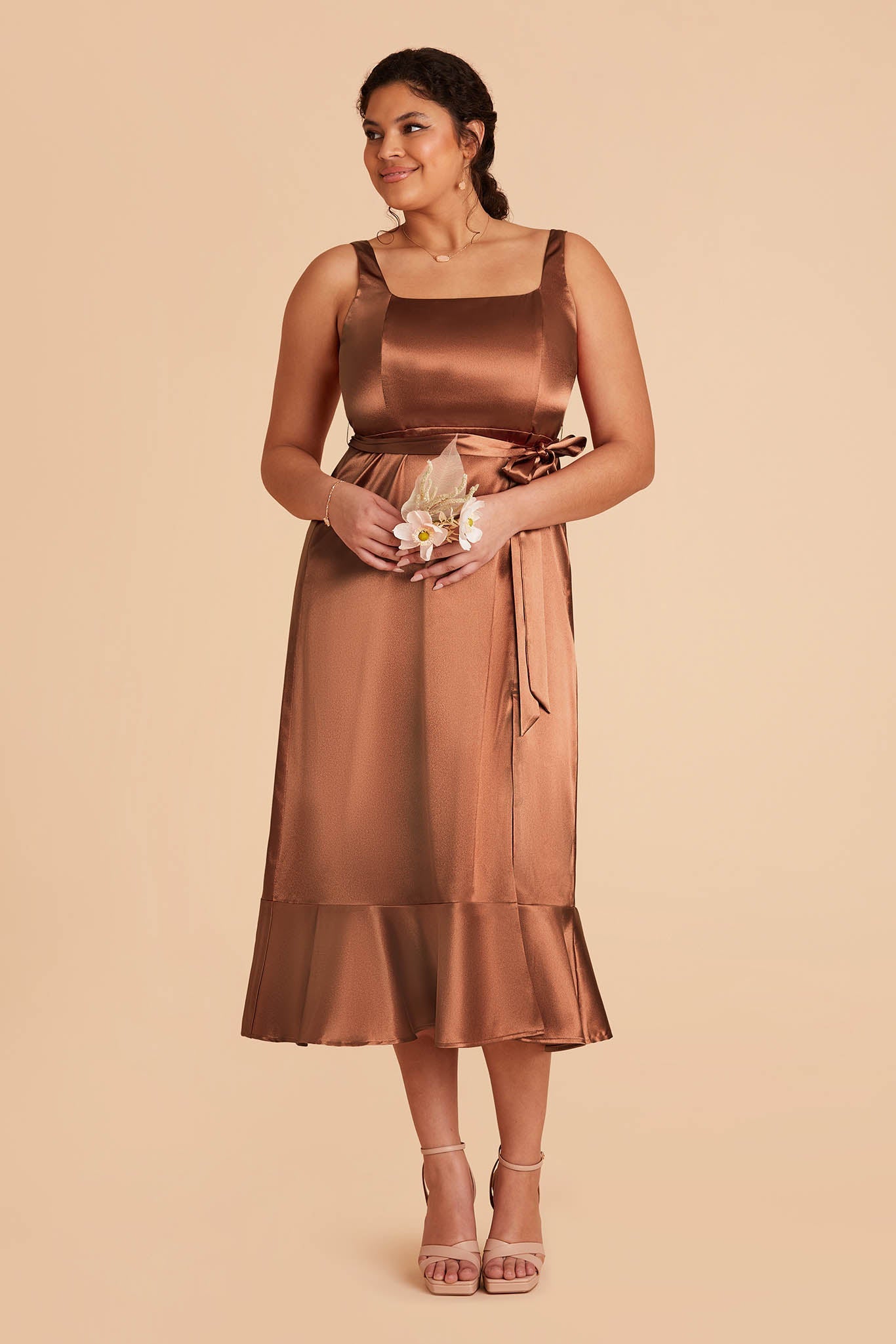 Eugenia Shiny Satin Convertible Midi Dress - Rust