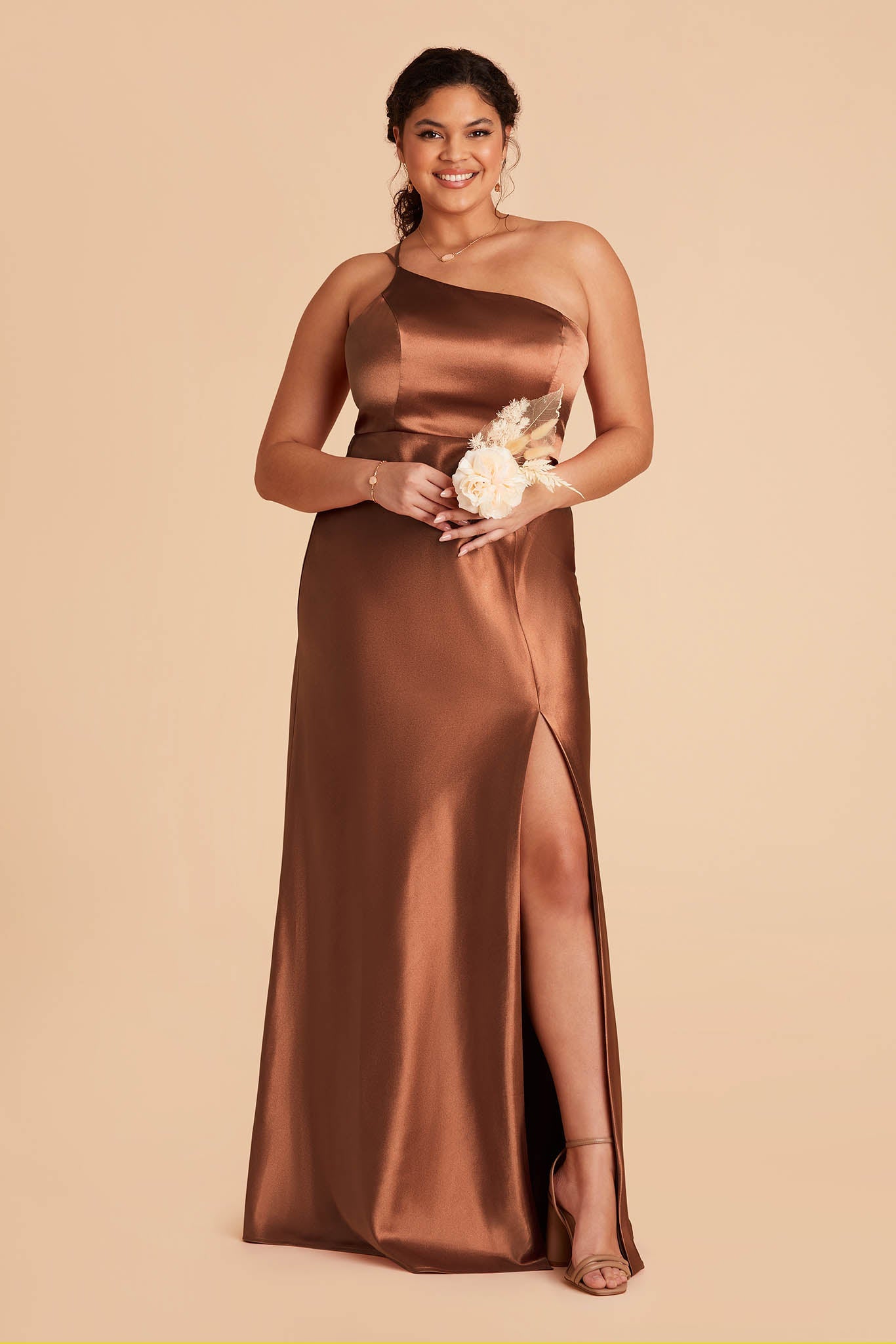 plus size long rust brown satin one-shoulder neckline with modern thin straps bridesmaid dress