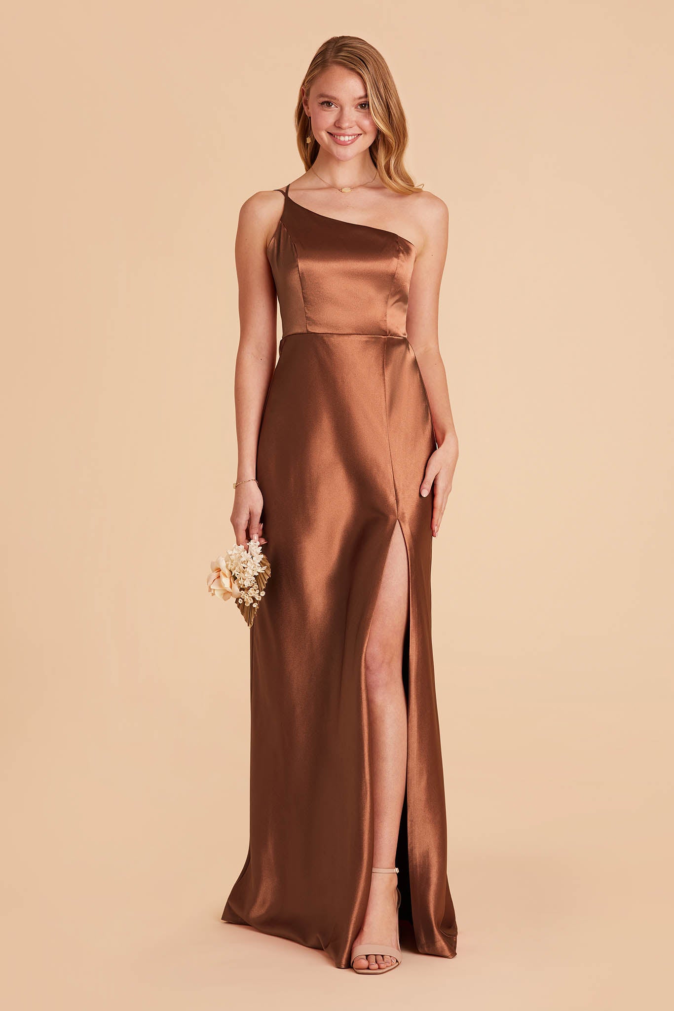 long rust brown satin one-shoulder neckline with modern thin straps bridesmaid dress