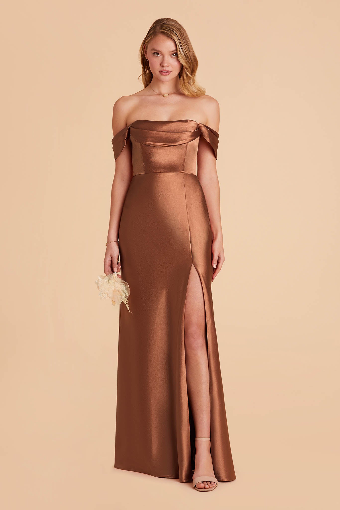 rust brown satin bridesmaid dress with pleated cowl neck
