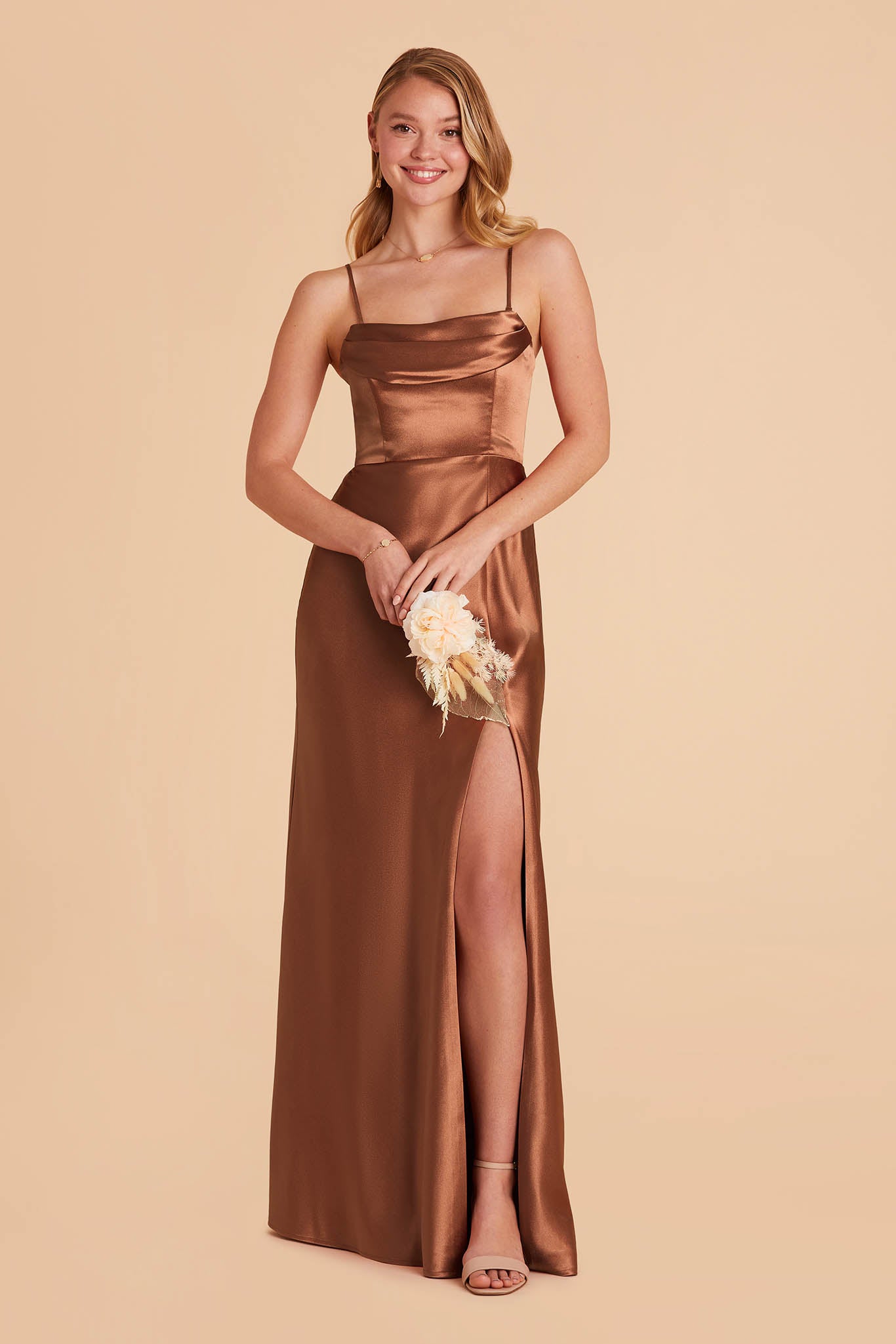 rust brown satin bridesmaid dress with pleated cowl neck