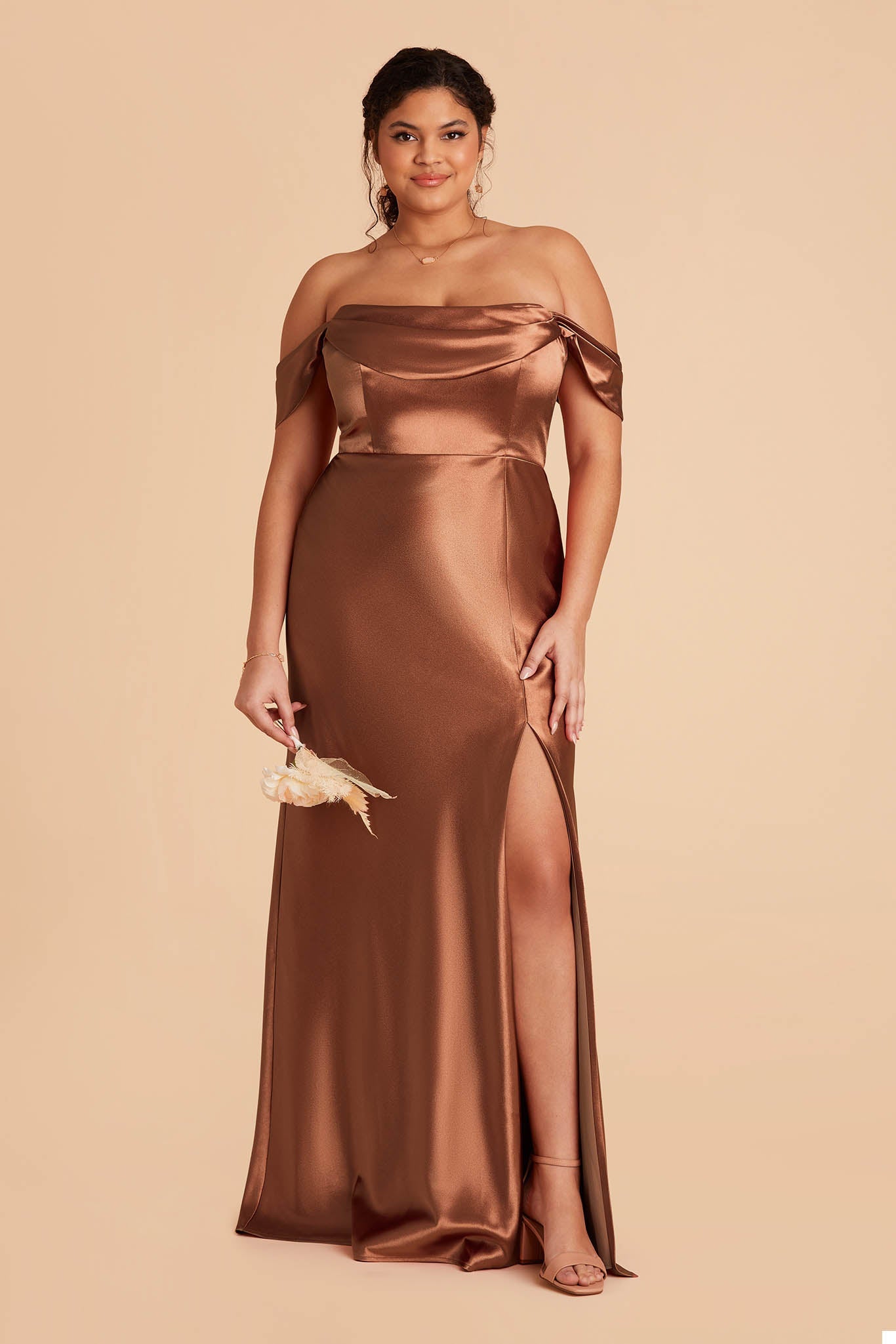plus size rust brown satin bridesmaid dress with pleated cowl neck