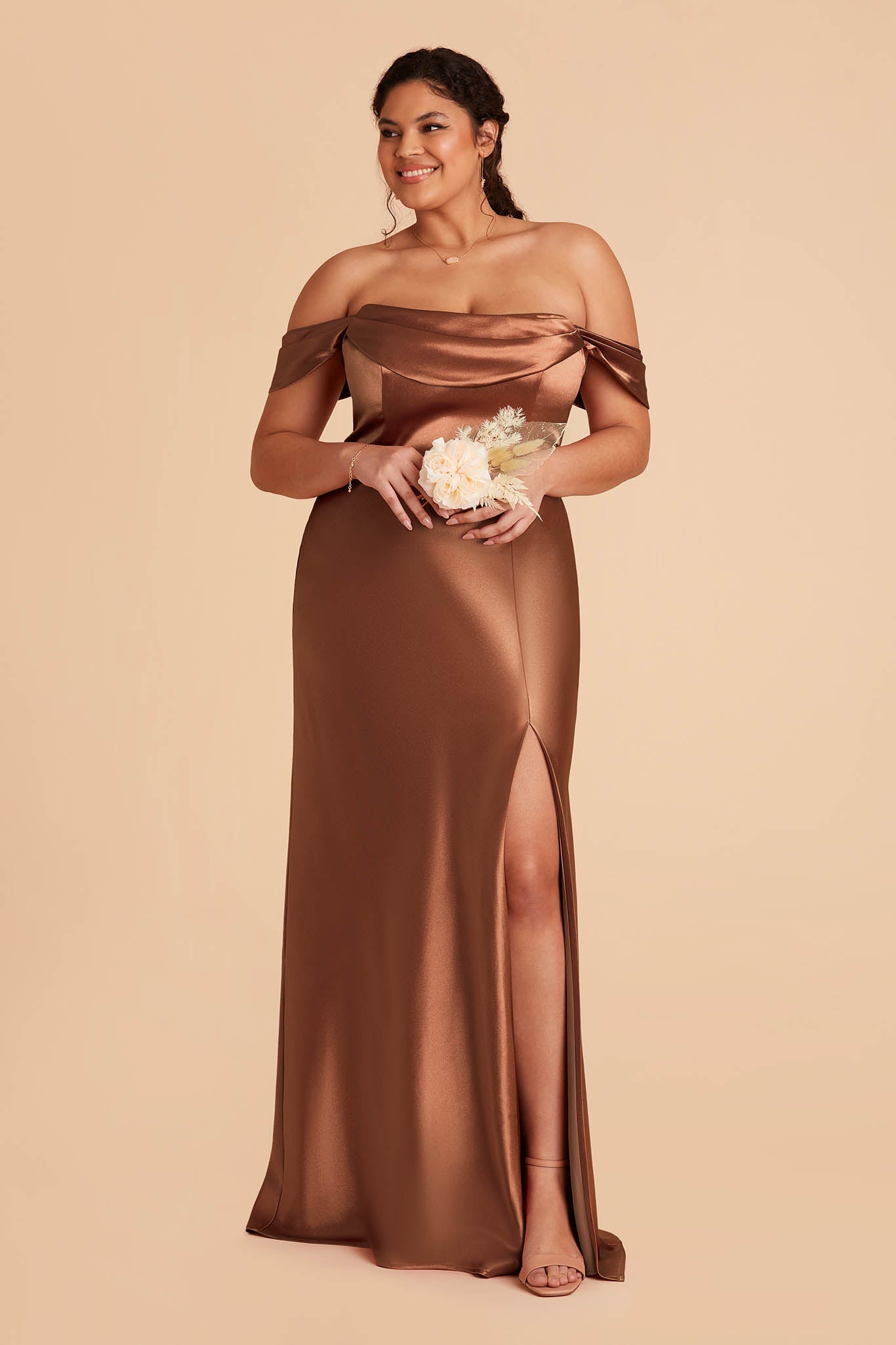 plus size rust brown satin bridesmaid dress with pleated cowl neck