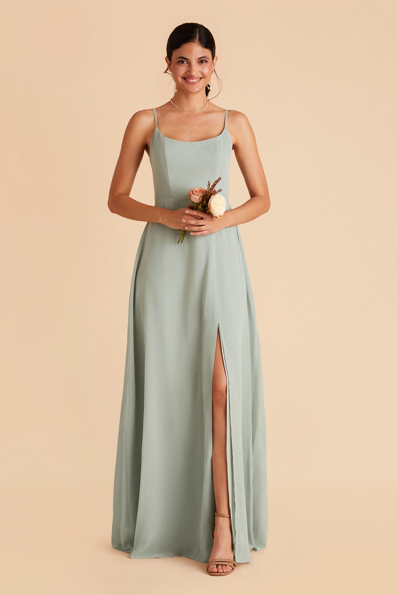 Amy bridesmaid dress with slit in sage chiffon by Birdy Grey, front view