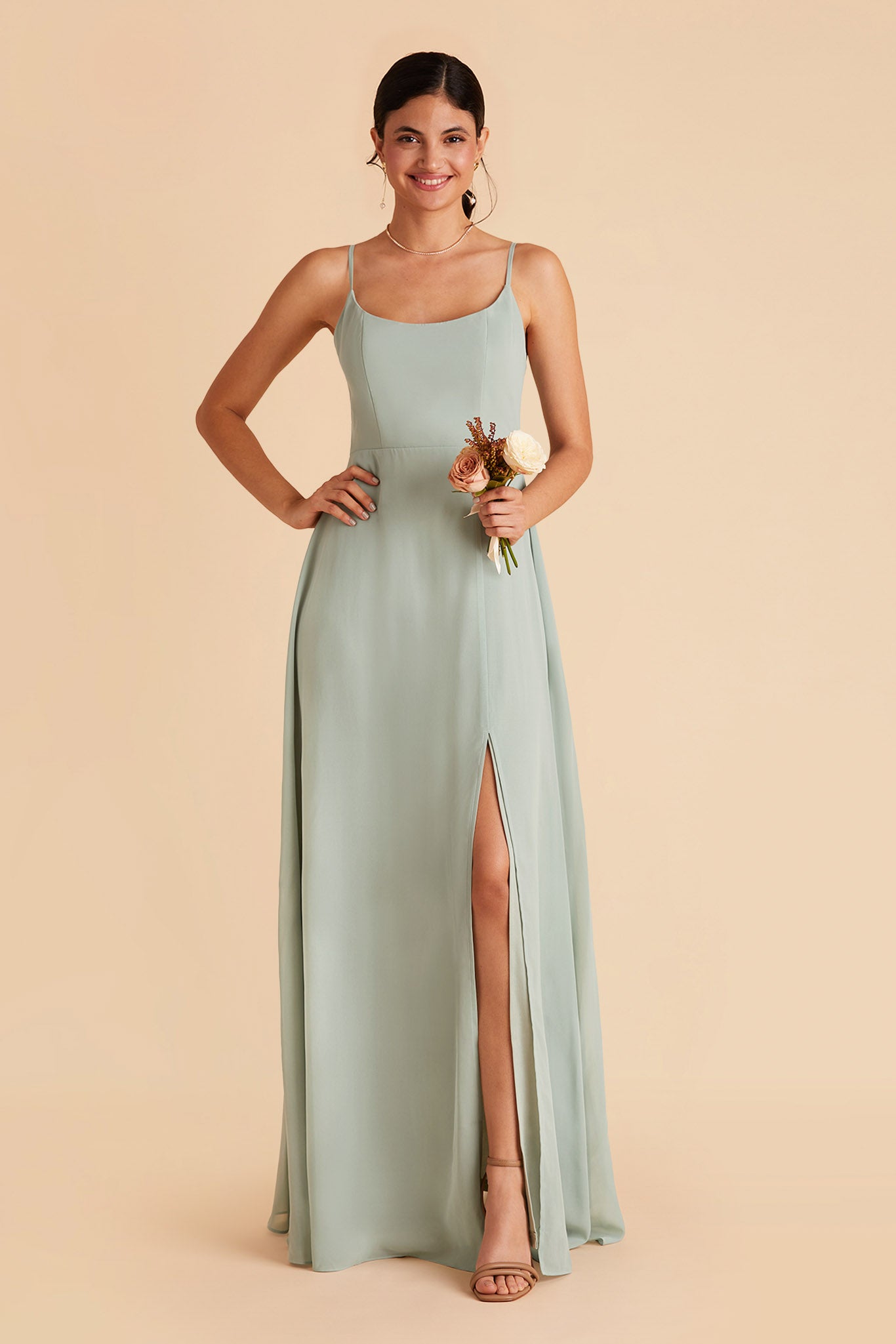 Amy bridesmaid dress with slit in sage chiffon by Birdy Grey, front view
