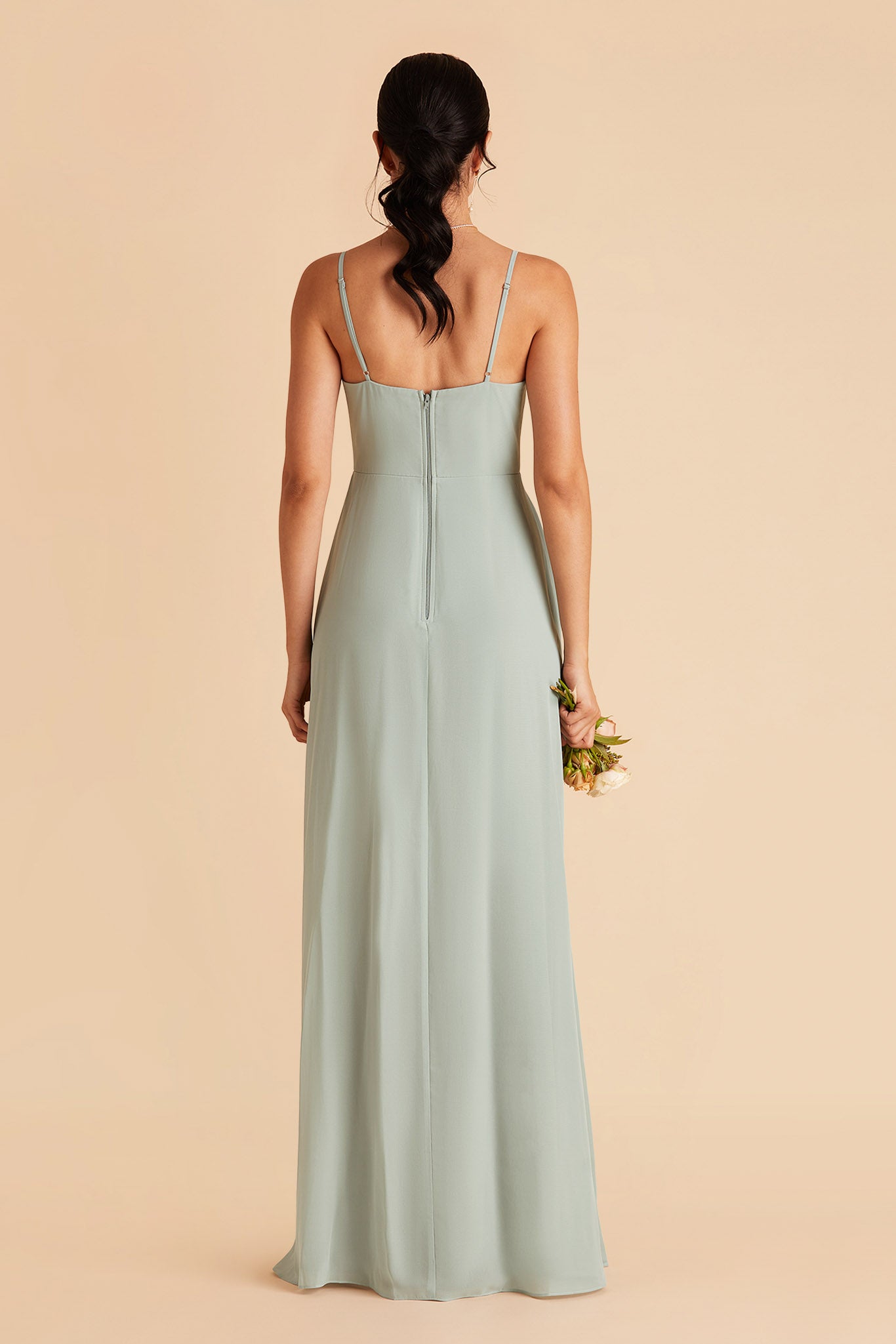 Amy bridesmaid dress with slit in sage chiffon by Birdy Grey, back view