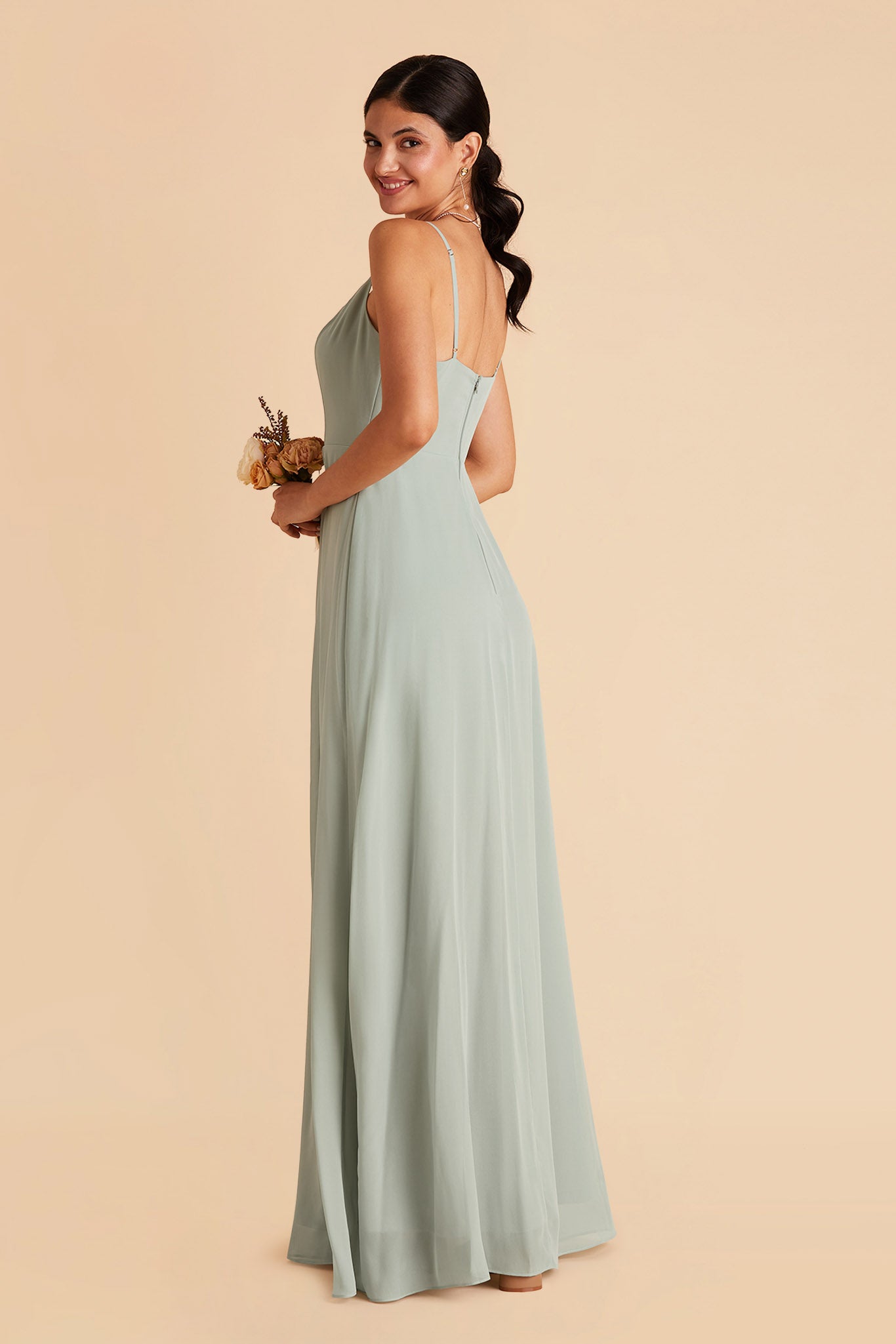 Amy bridesmaid dress with slit in sage chiffon by Birdy Grey, side view