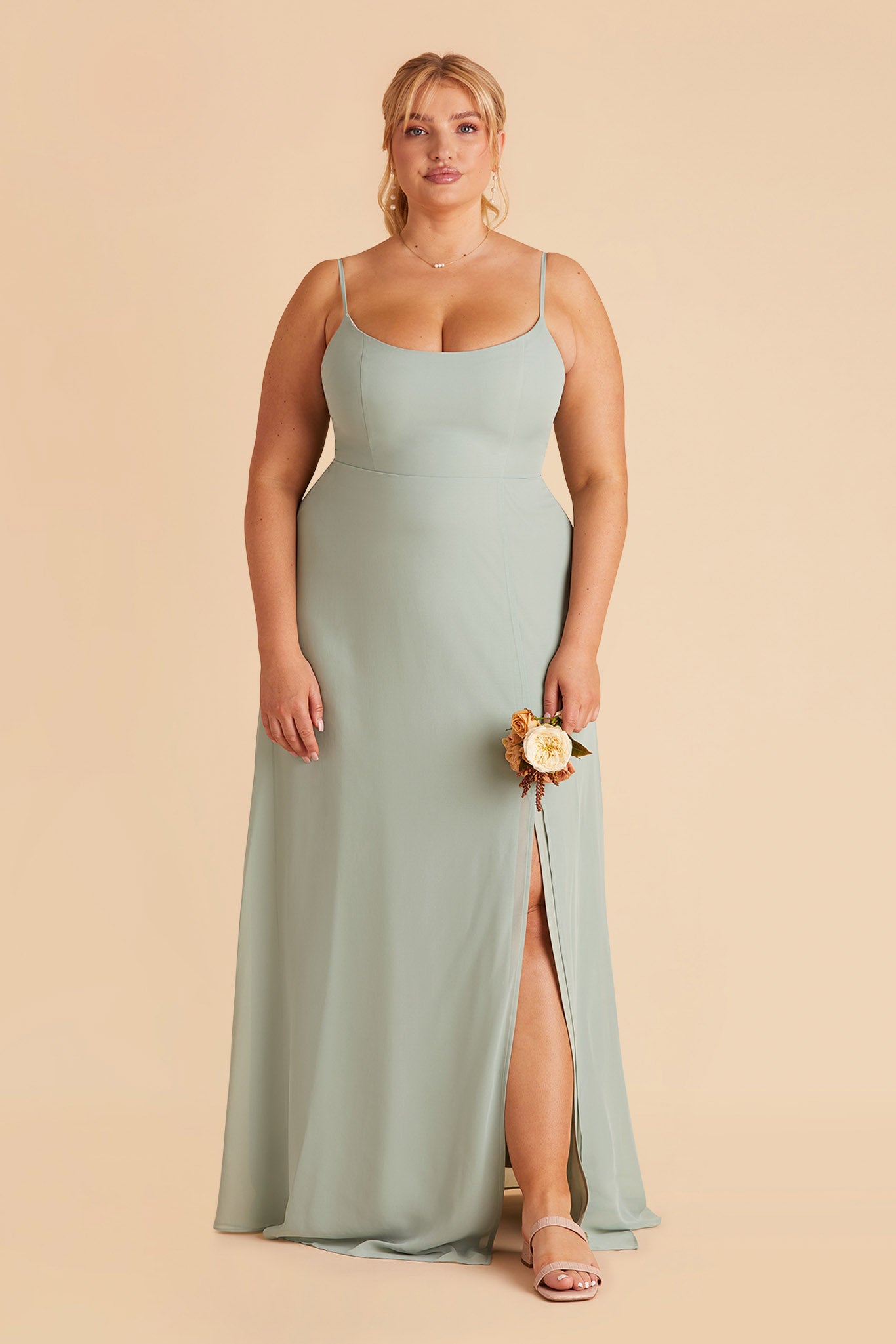 Amy plus size bridesmaid dress with slit in sage chiffon by Birdy Grey, front view