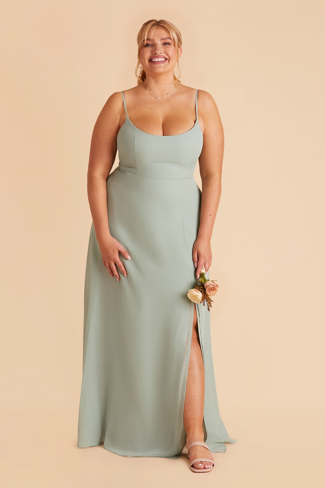 Amy plus size bridesmaid dress with slit in sage chiffon by Birdy Grey, front view