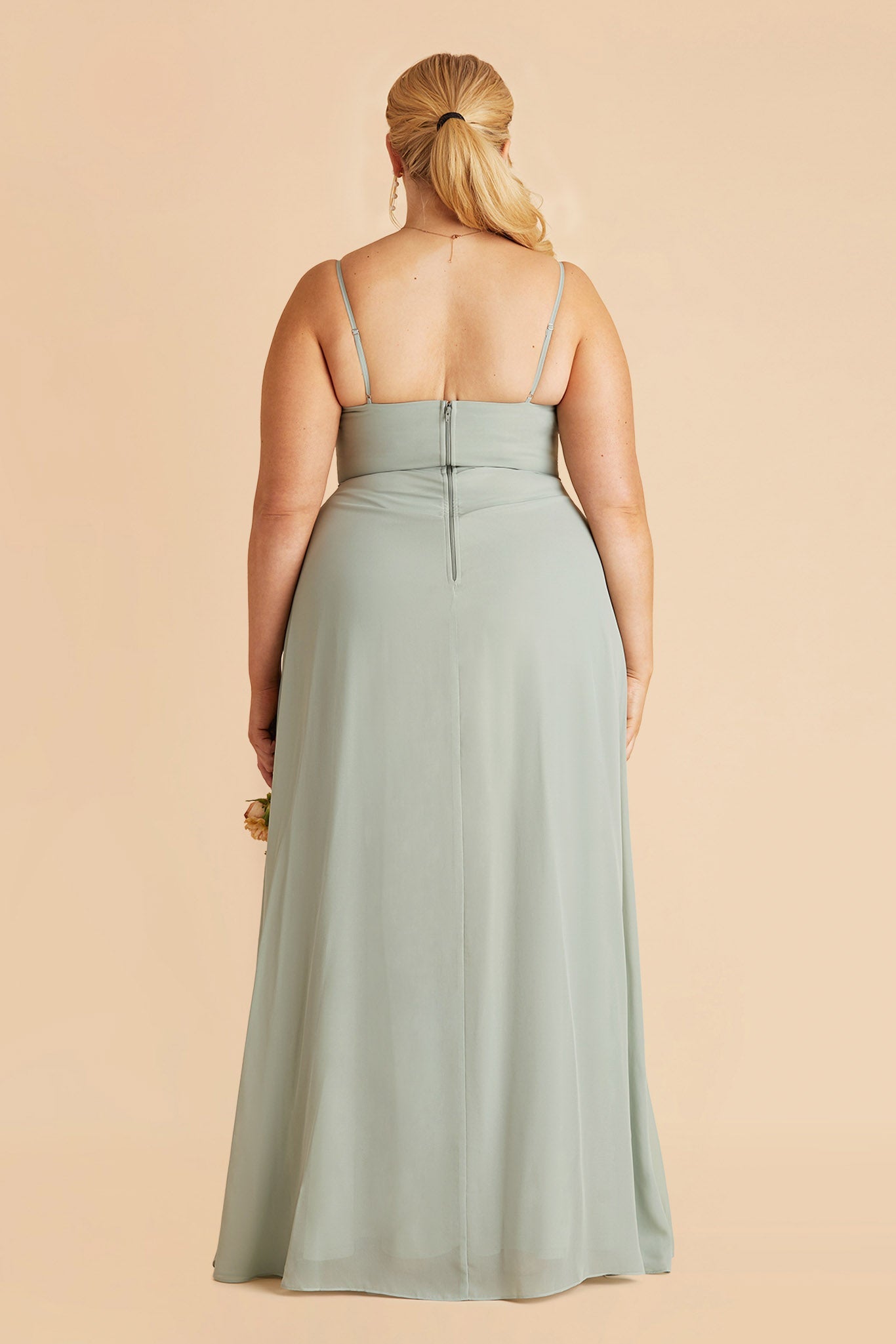 Amy plus size bridesmaid dress with slit in sage chiffon by Birdy Grey, back view