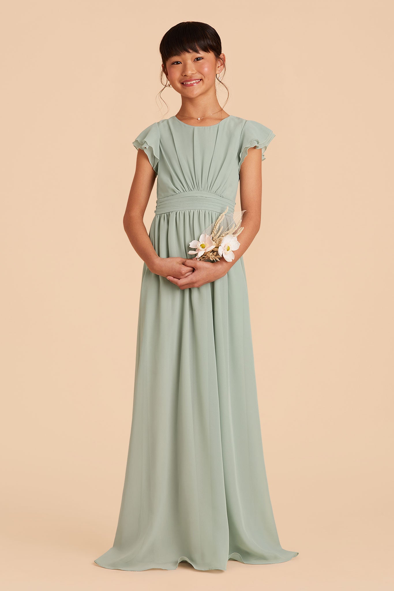 sage light green frilly-sleeved floor length junior bridesmaid dress 