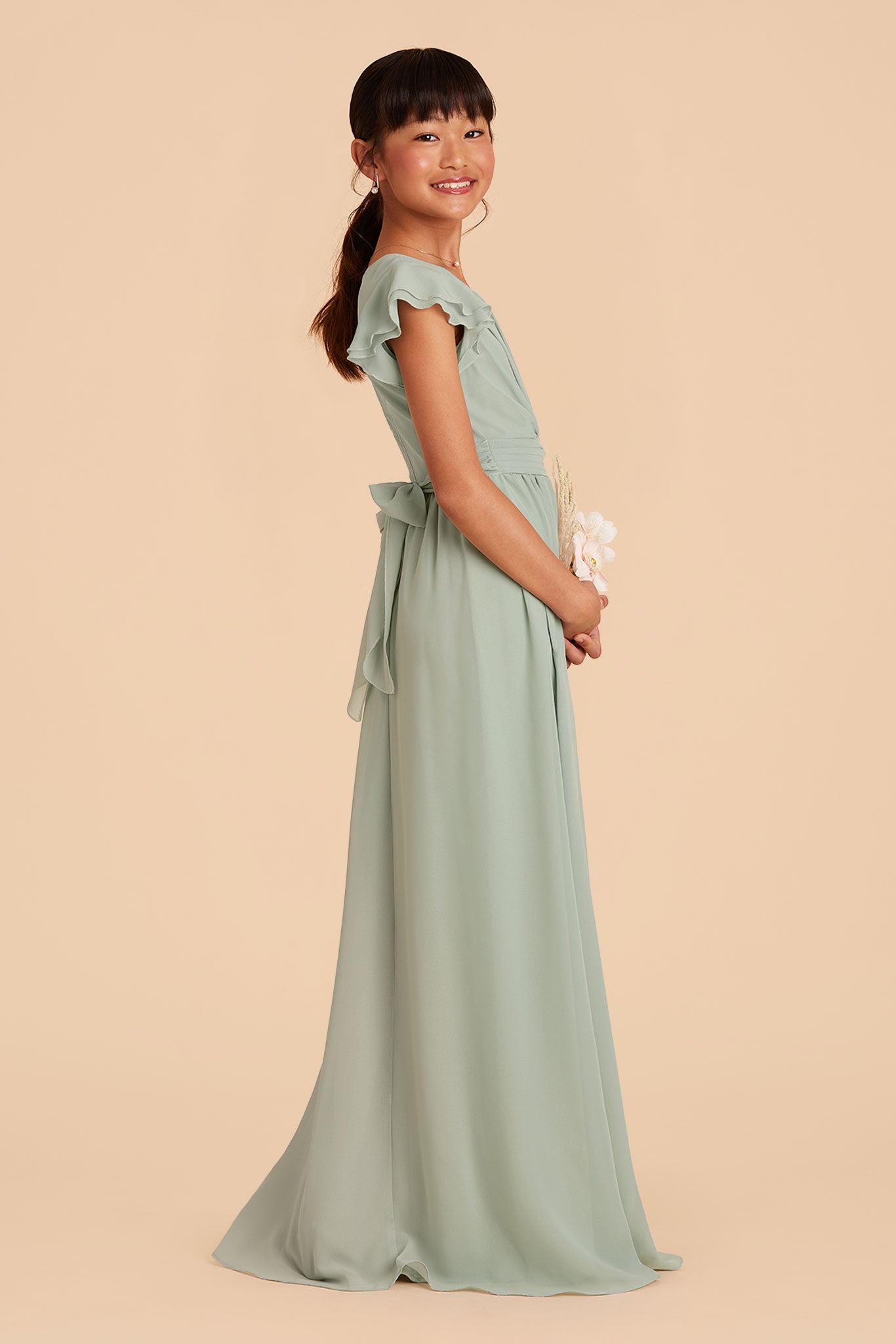 sage light green frilly-sleeved floor length junior bridesmaid dress 