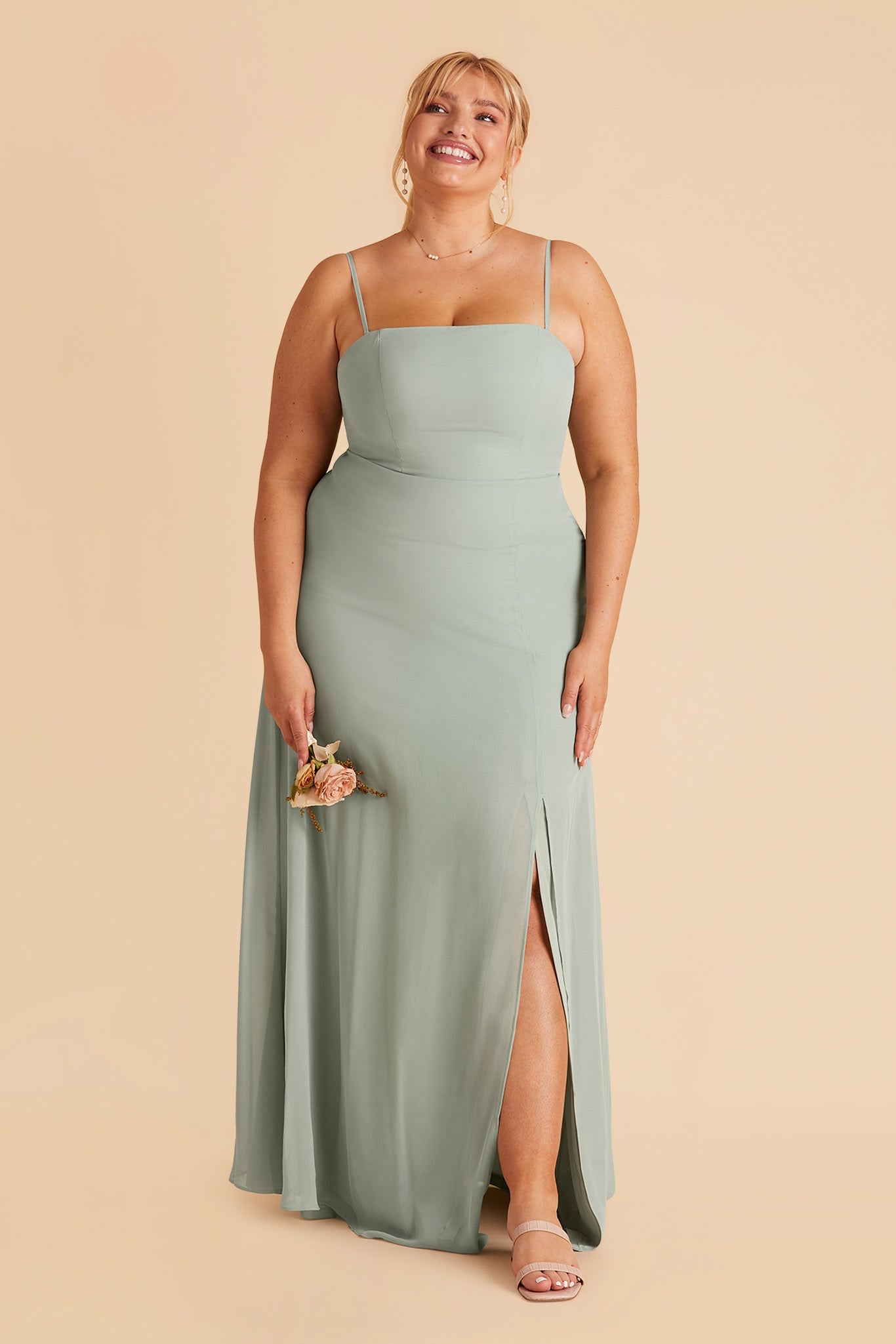 Chris plus size bridesmaid dress with slit in sage chiffon by Birdy Grey, front view