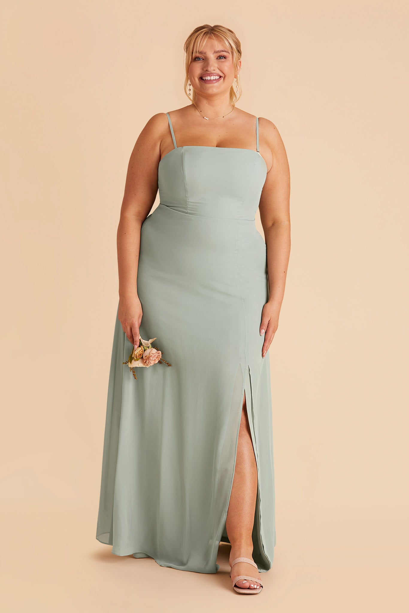 Chris plus size bridesmaid dress with slit in sage chiffon by Birdy Grey, front view