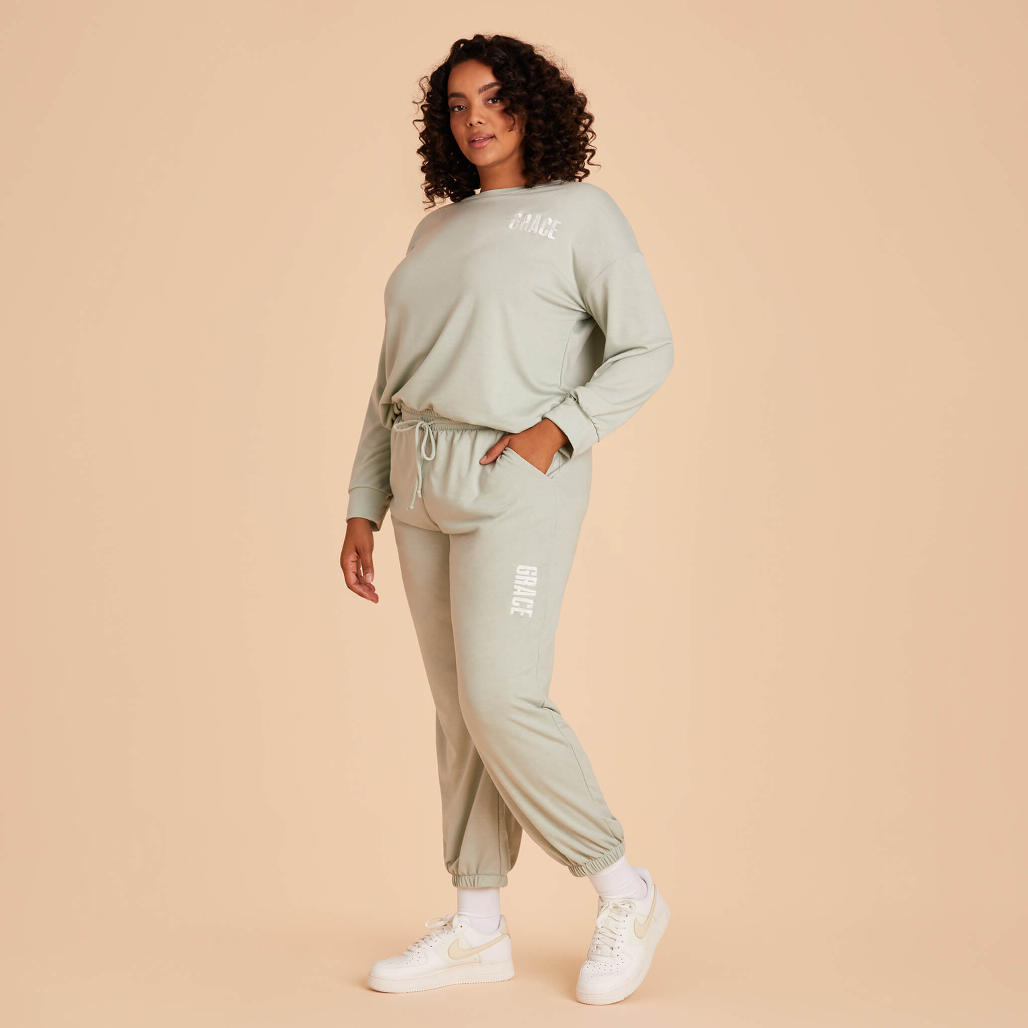 Plus Size Crew Neck Sweatshirt and sweatpants Loungewear in Sage Light Green with personalization