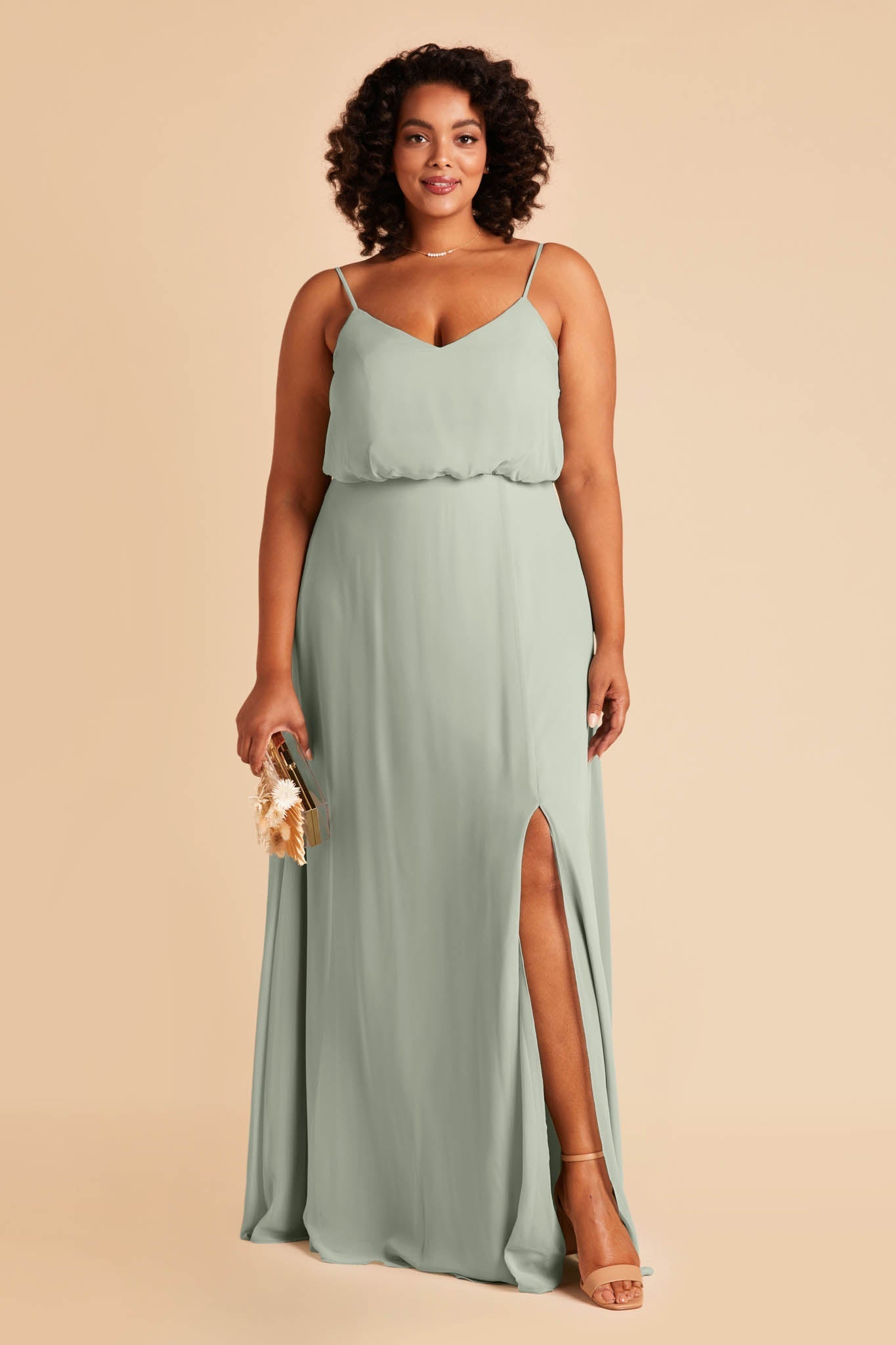 Gwennie plus size bridesmaid dress with slit in sage green chiffon by Birdy Grey, front view