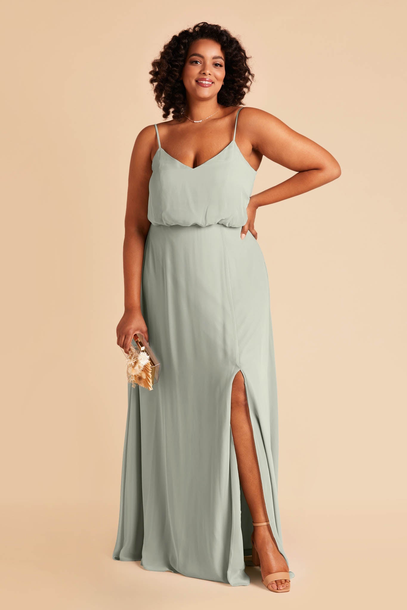 Gwennie plus size bridesmaid dress with slit in sage green chiffon by Birdy Grey, front view