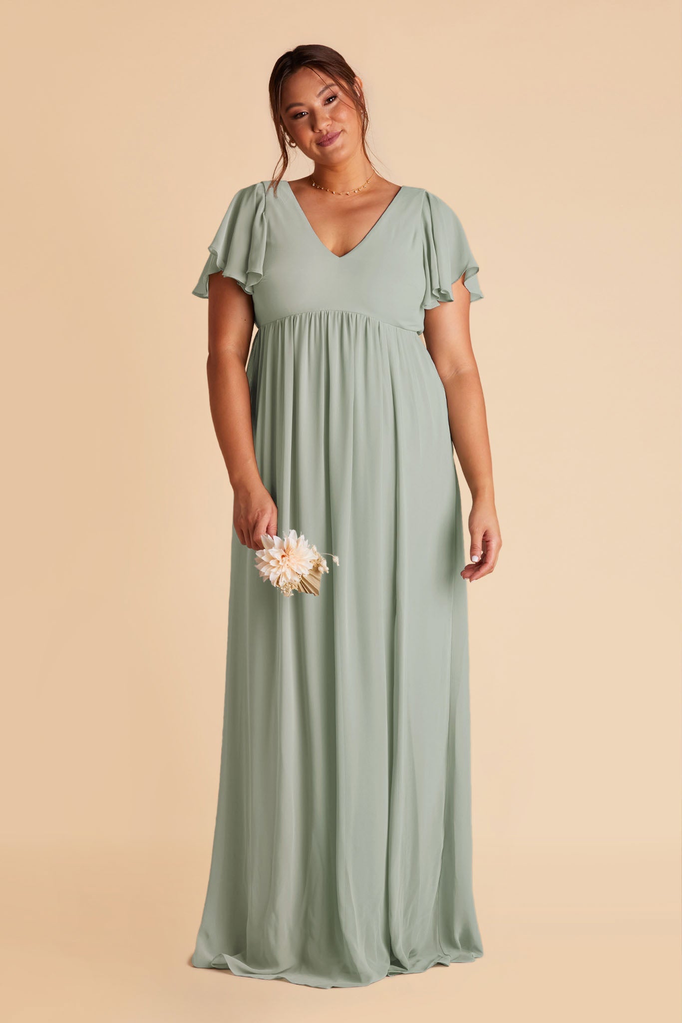 Hannah empire plus size bridesmaid dress in sage green chiffon by Birdy Grey, front view