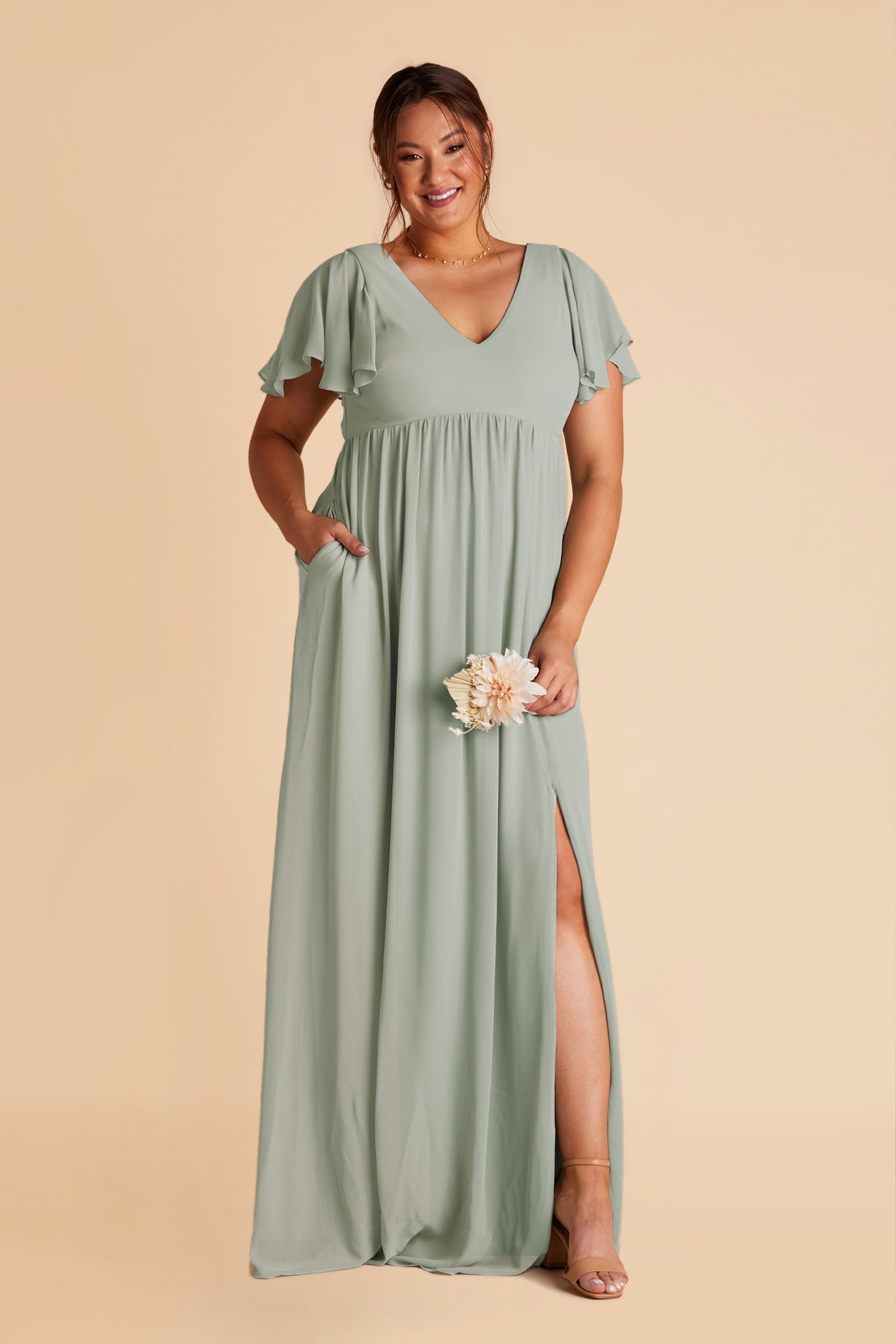 Hannah empire plus size bridesmaid dress in sage green chiffon by Birdy Grey, front view