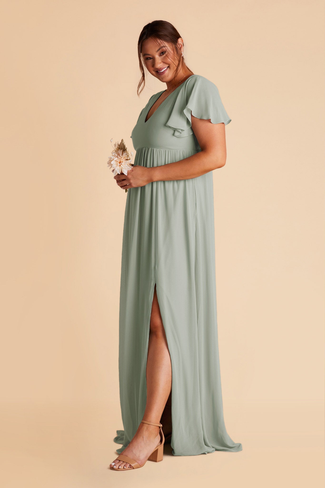 Hannah empire plus size bridesmaid dress in sage green chiffon by Birdy Grey, side view
