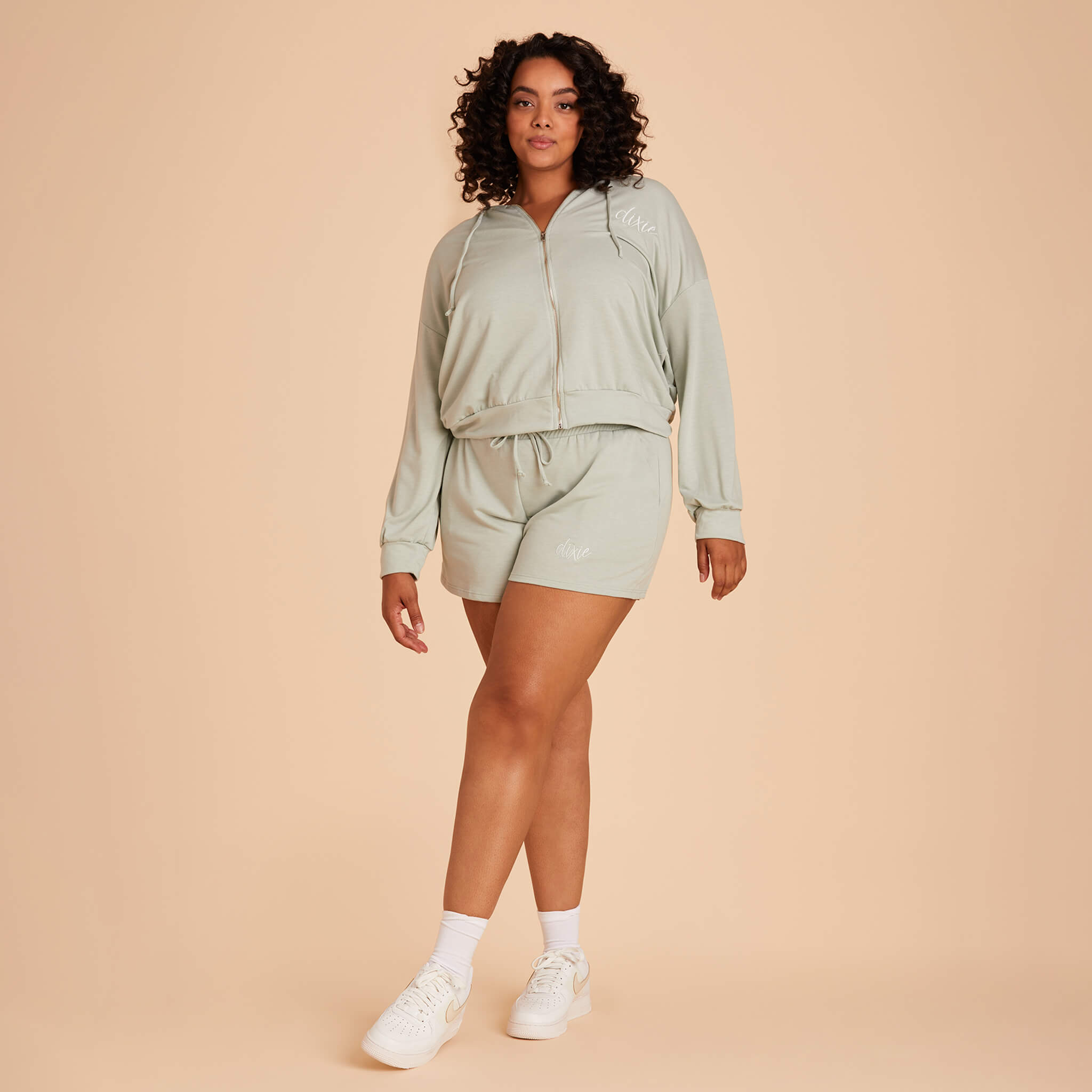 Plus Size hoodie and shorts in Sage Light Green with personalization