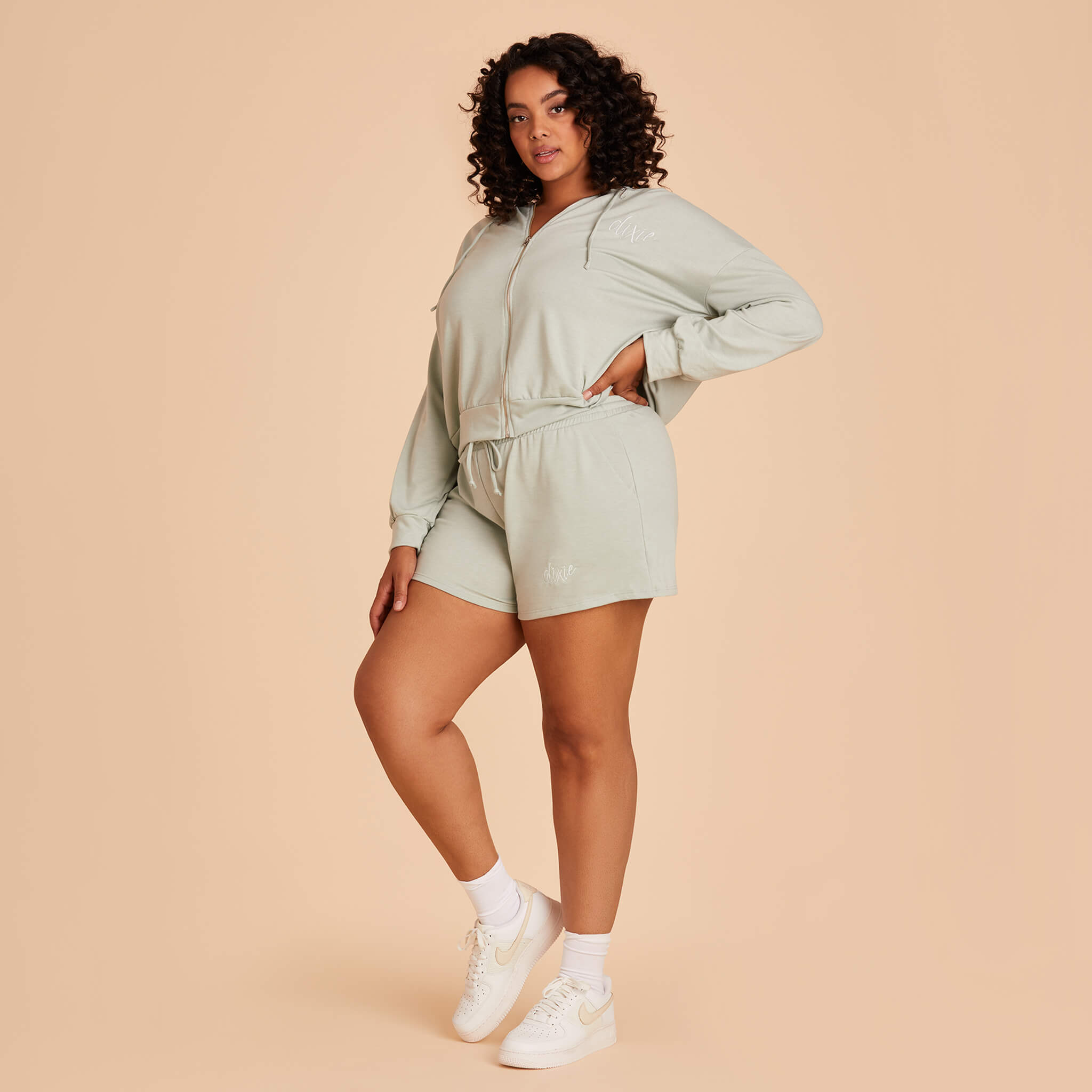 Plus Size hoodie and shorts in Sage Light Green with personalization