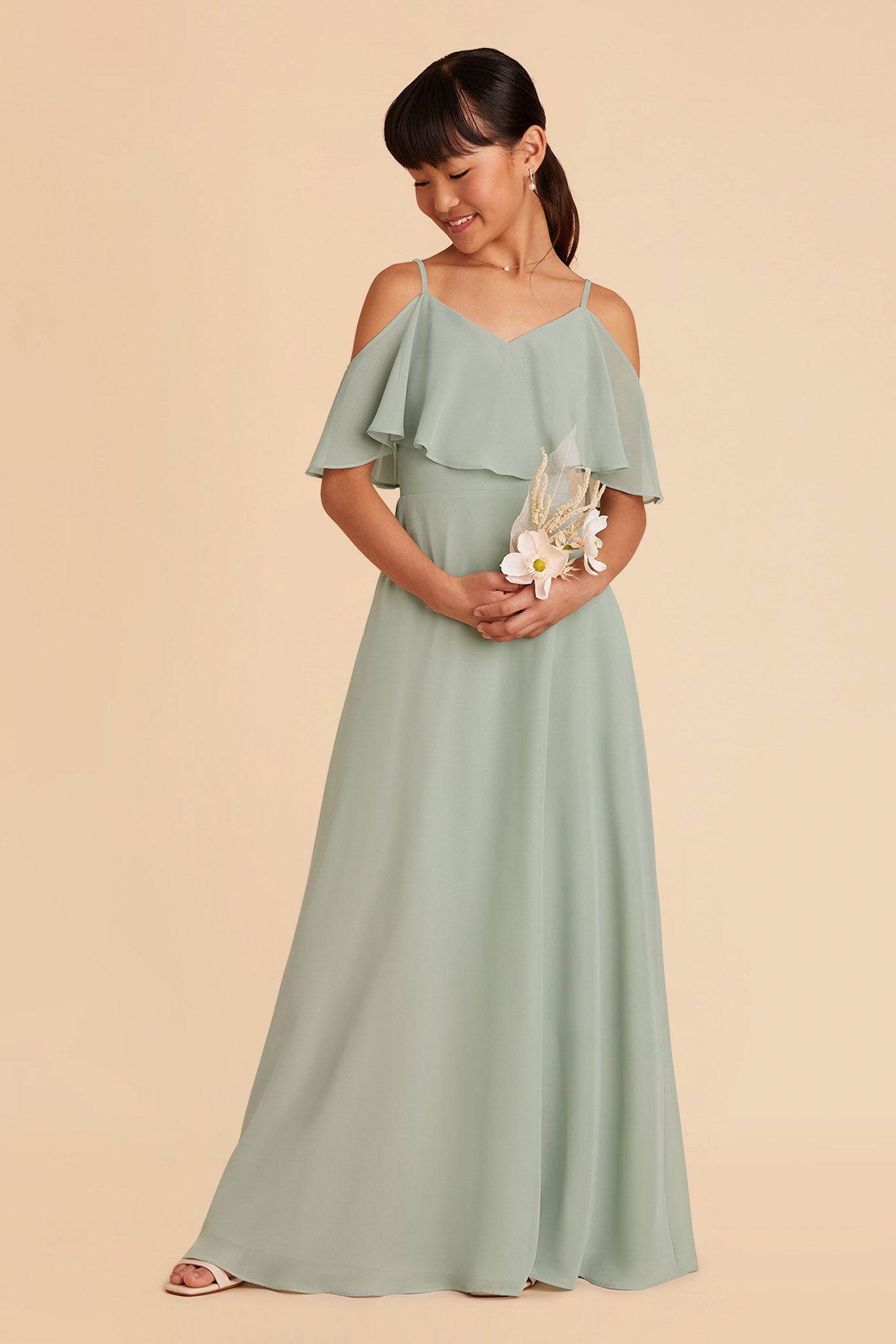 floor length cold shoulder sleeve strap sage light green convertible junior bridesmaid dress with ruffles
