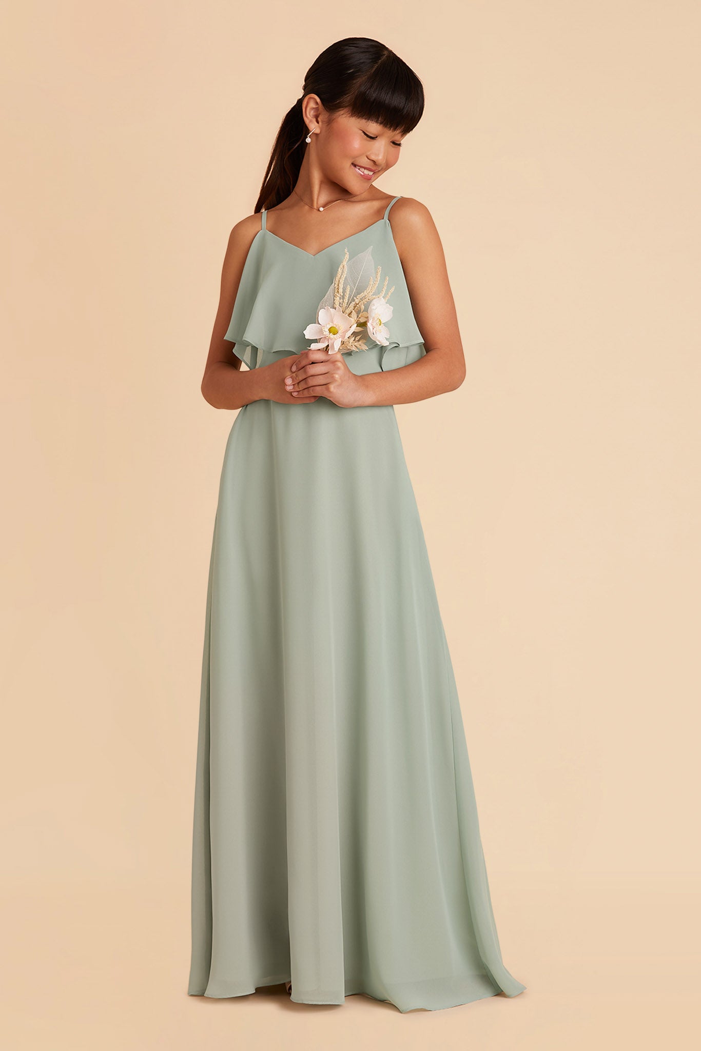 floor length sleeveless spaghetti strap sage light green convertible junior bridesmaid dress with ruffles