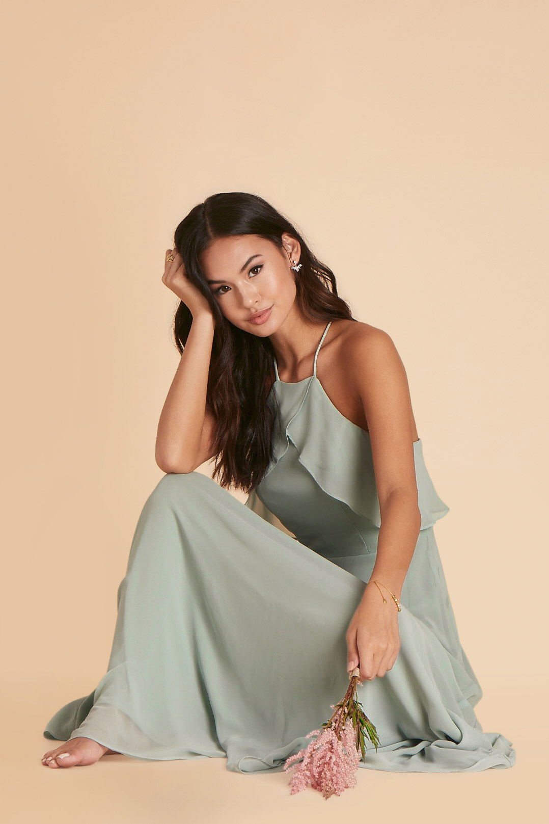 Jules bridesmaid dress in sage green chiffon by Birdy Grey, front view