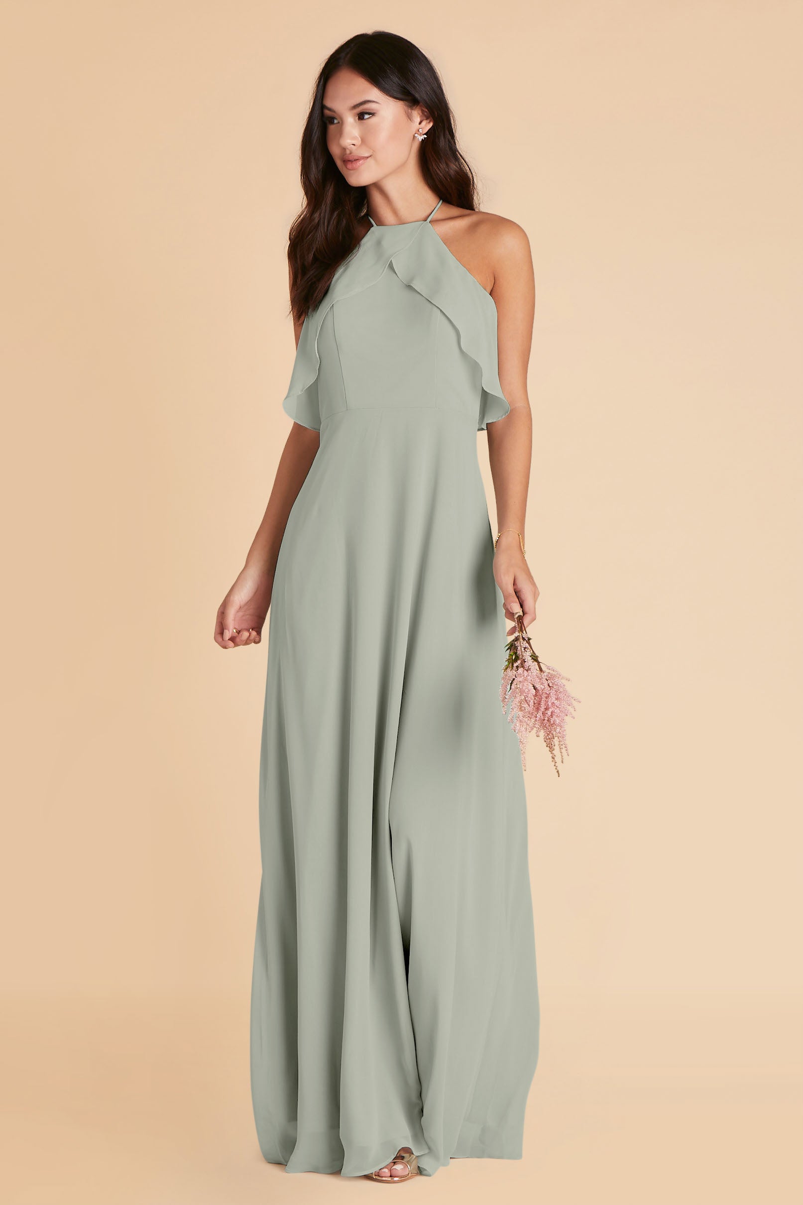 Jules bridesmaid dress in sage green chiffon by Birdy Grey, front view