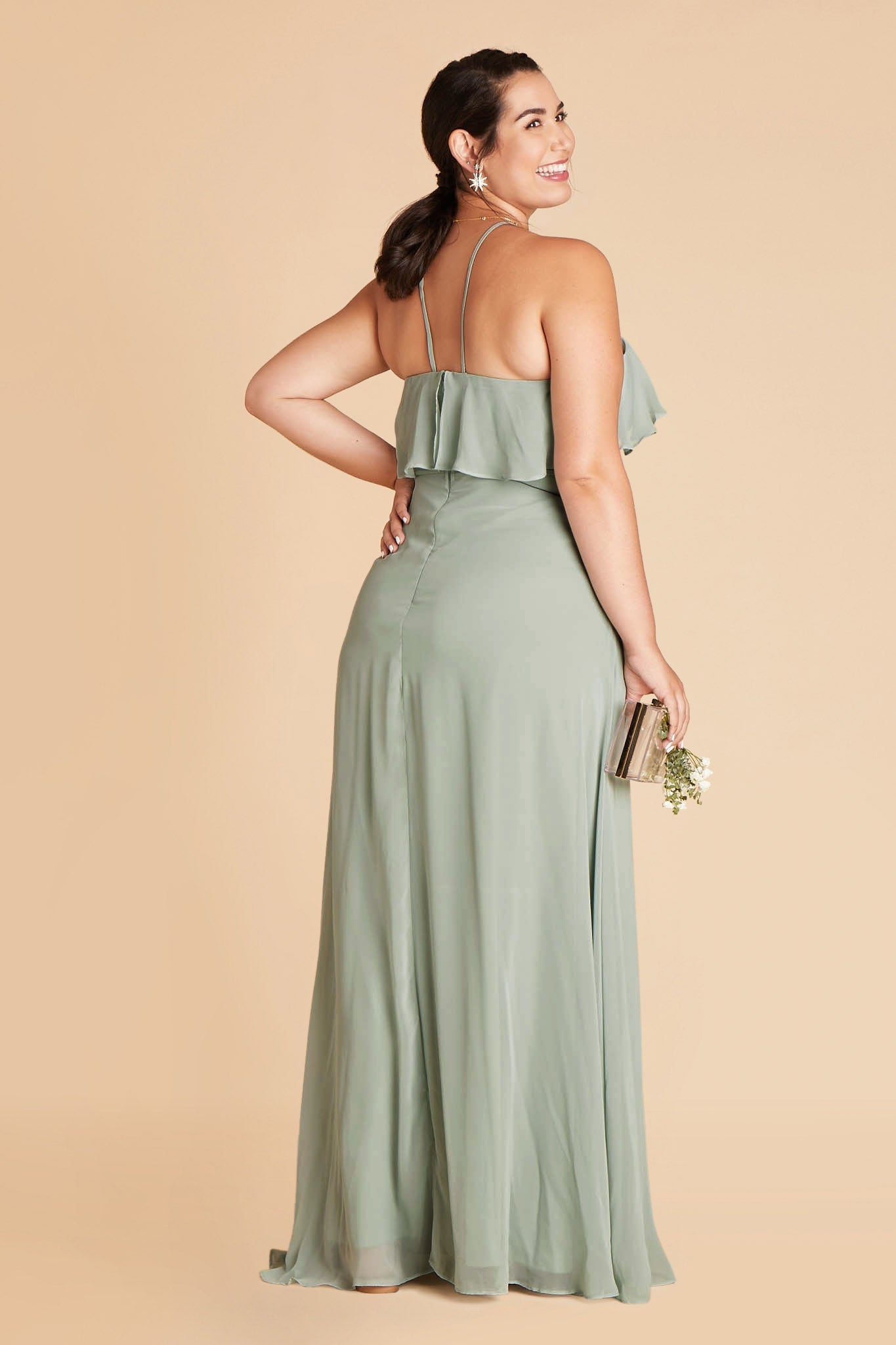 Jules plus size bridesmaid dress in sage green chiffon by Birdy Grey, side view