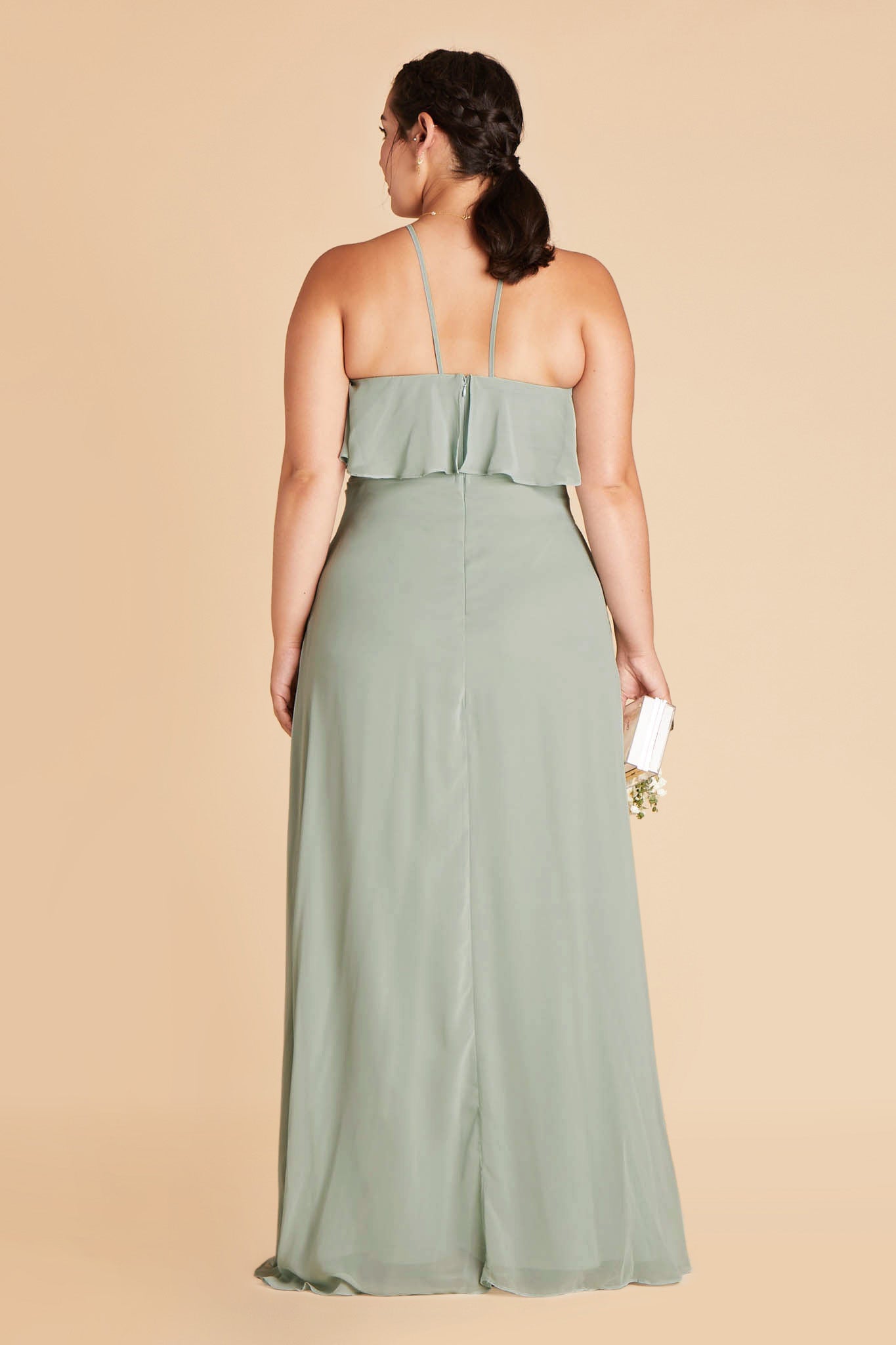 Jules plus size bridesmaid dress in sage green chiffon by Birdy Grey, back  view
