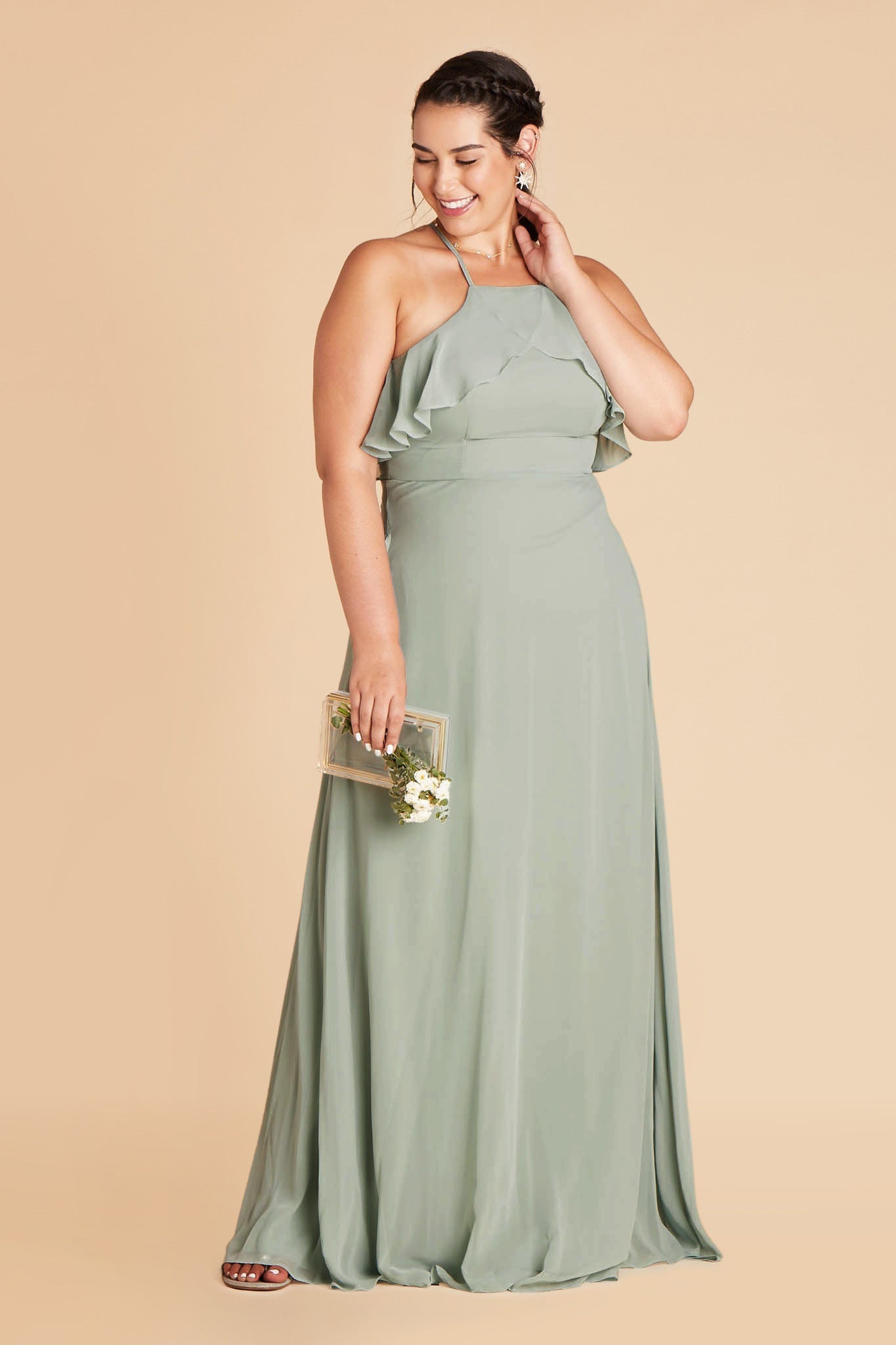 Jules plus size bridesmaid dress in sage green chiffon by Birdy Grey, front view