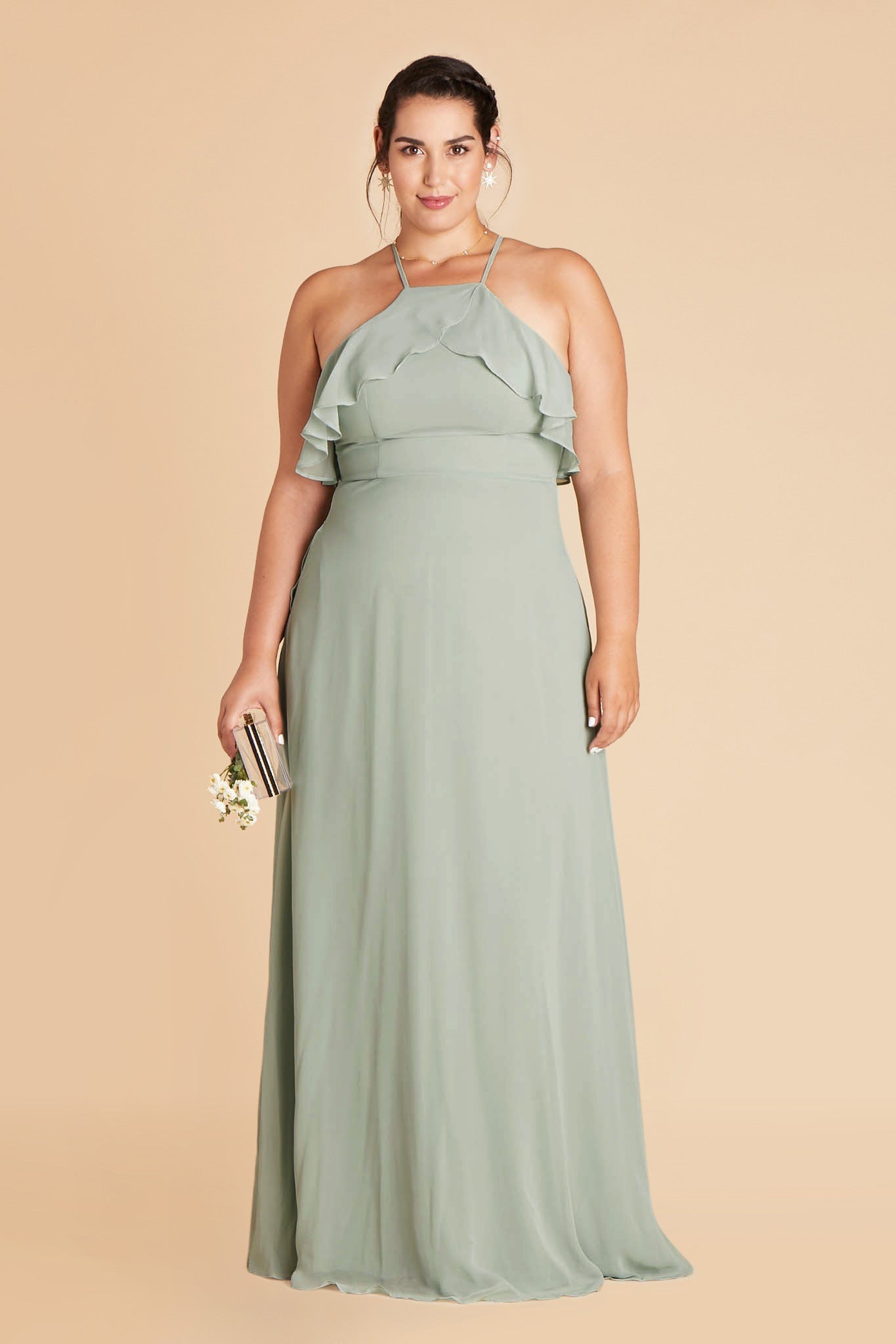 Jules plus size bridesmaid dress in sage green chiffon by Birdy Grey, front view