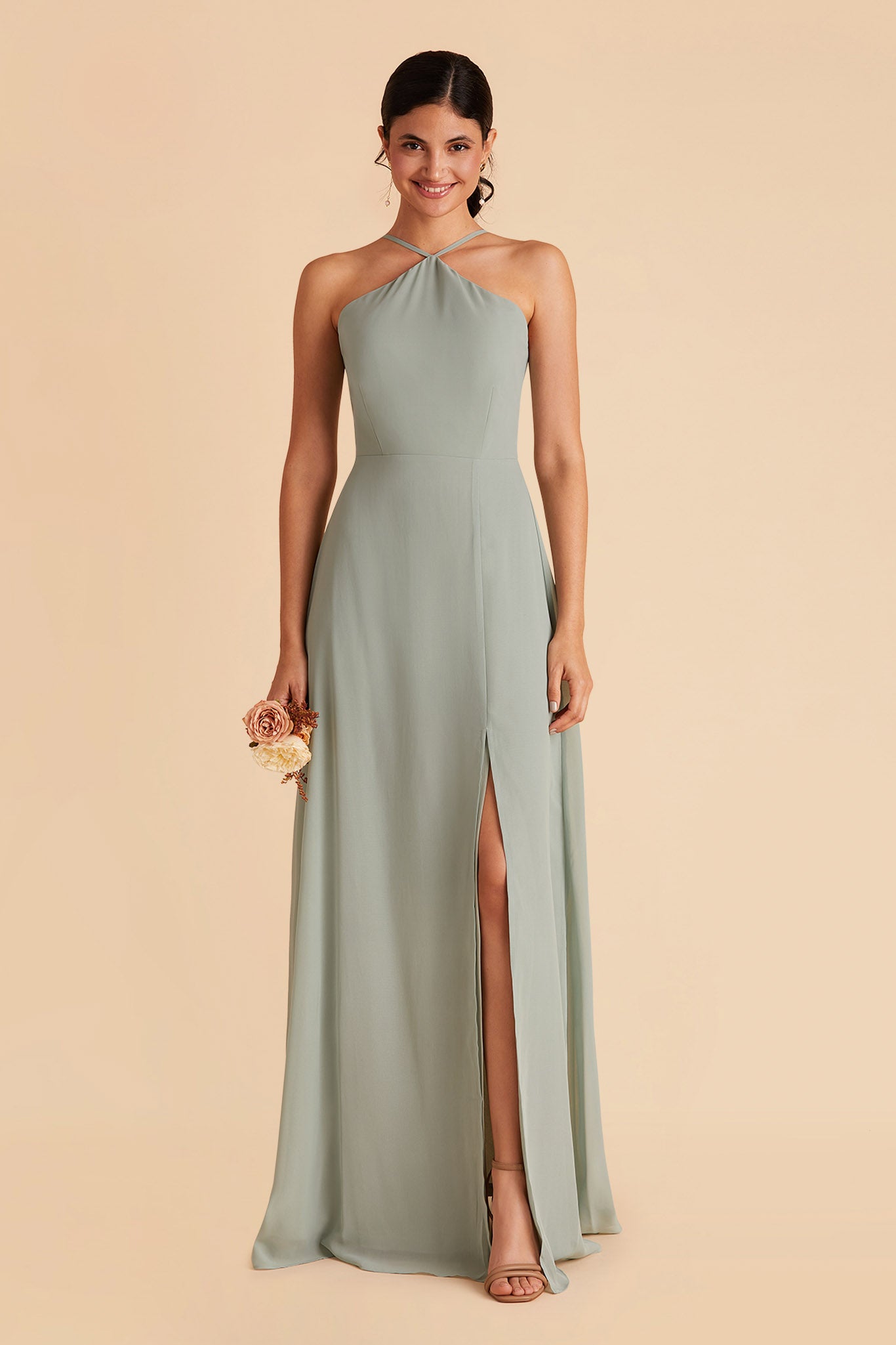 Juliet bridesmaid dress with slit in sage chiffon by Birdy Grey, front view