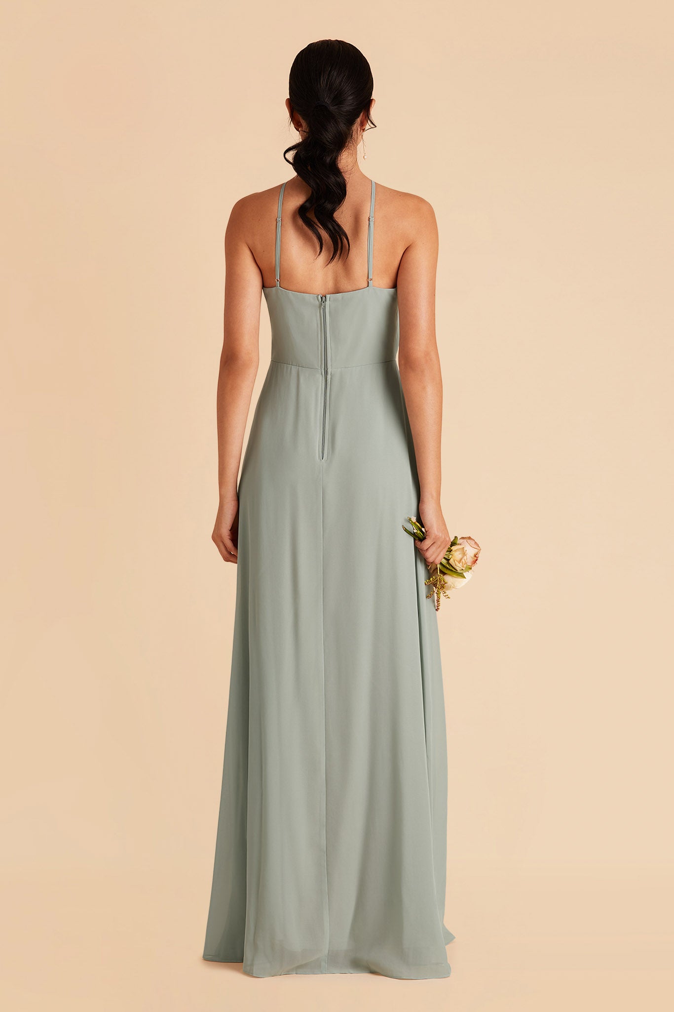 Juliet bridesmaid dress with slit in sage chiffon by Birdy Grey, back view