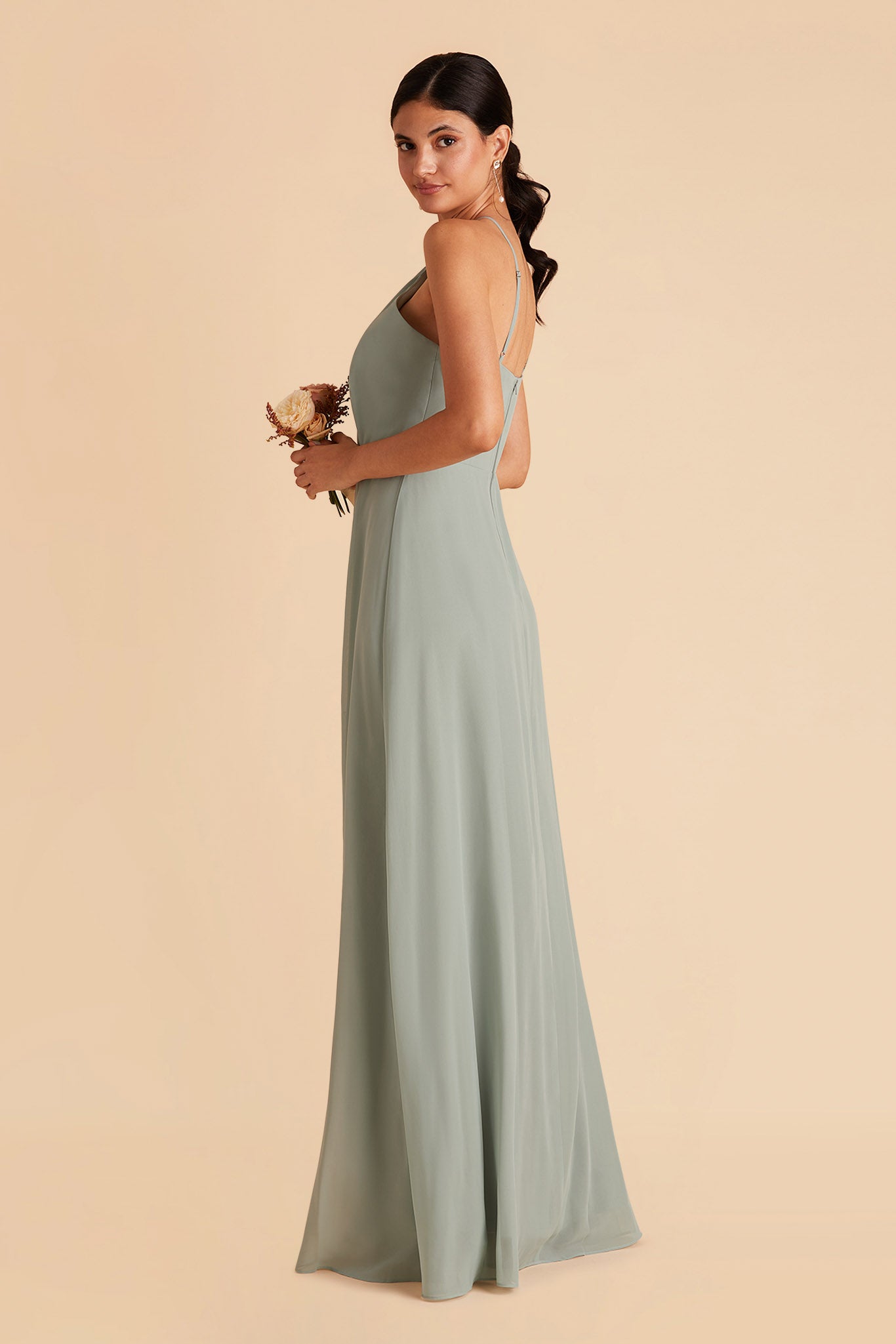 Juliet bridesmaid dress with slit in sage chiffon by Birdy Grey, side view