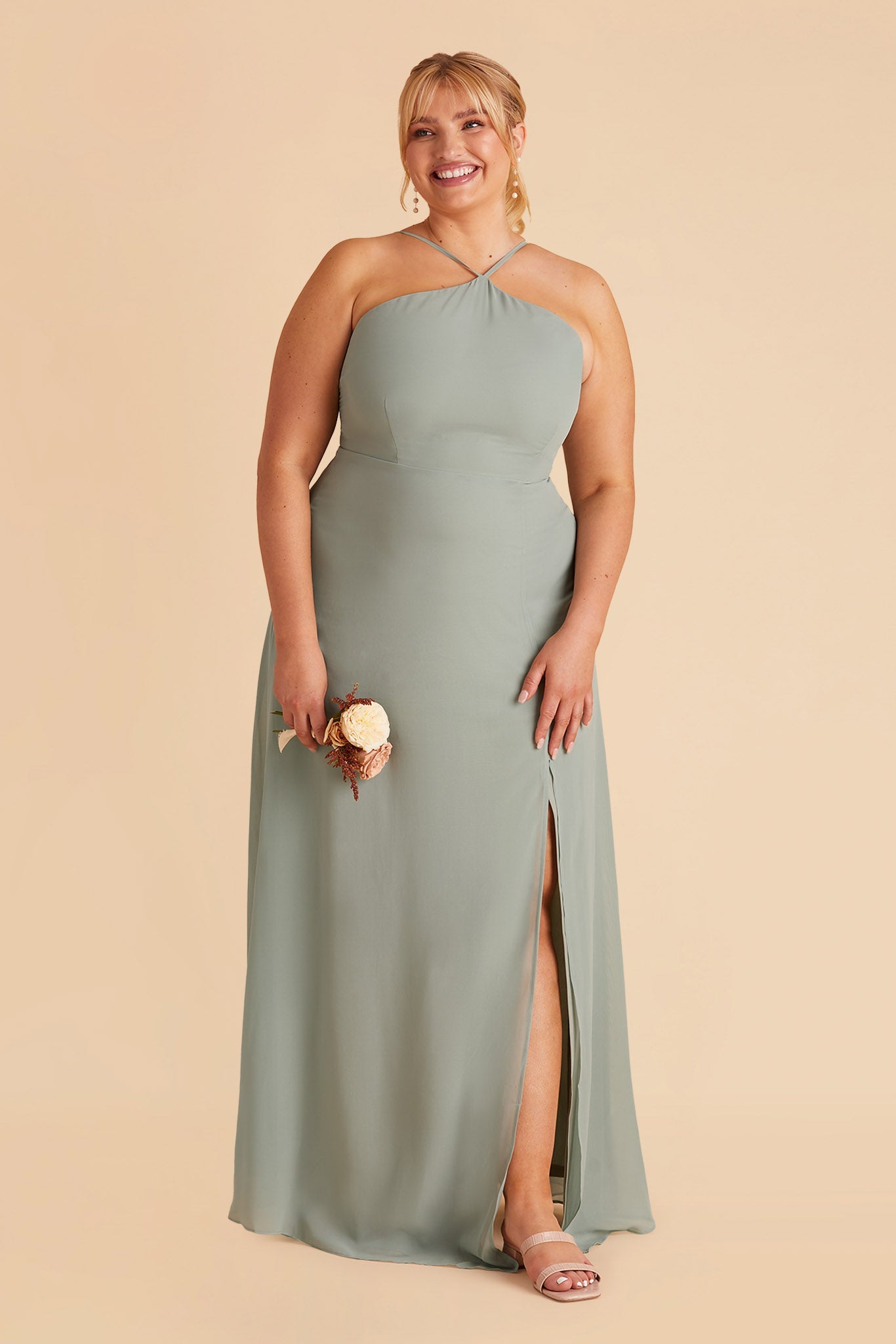 Juliet plus size bridesmaid dress with slit in sage chiffon by Birdy Grey, front view