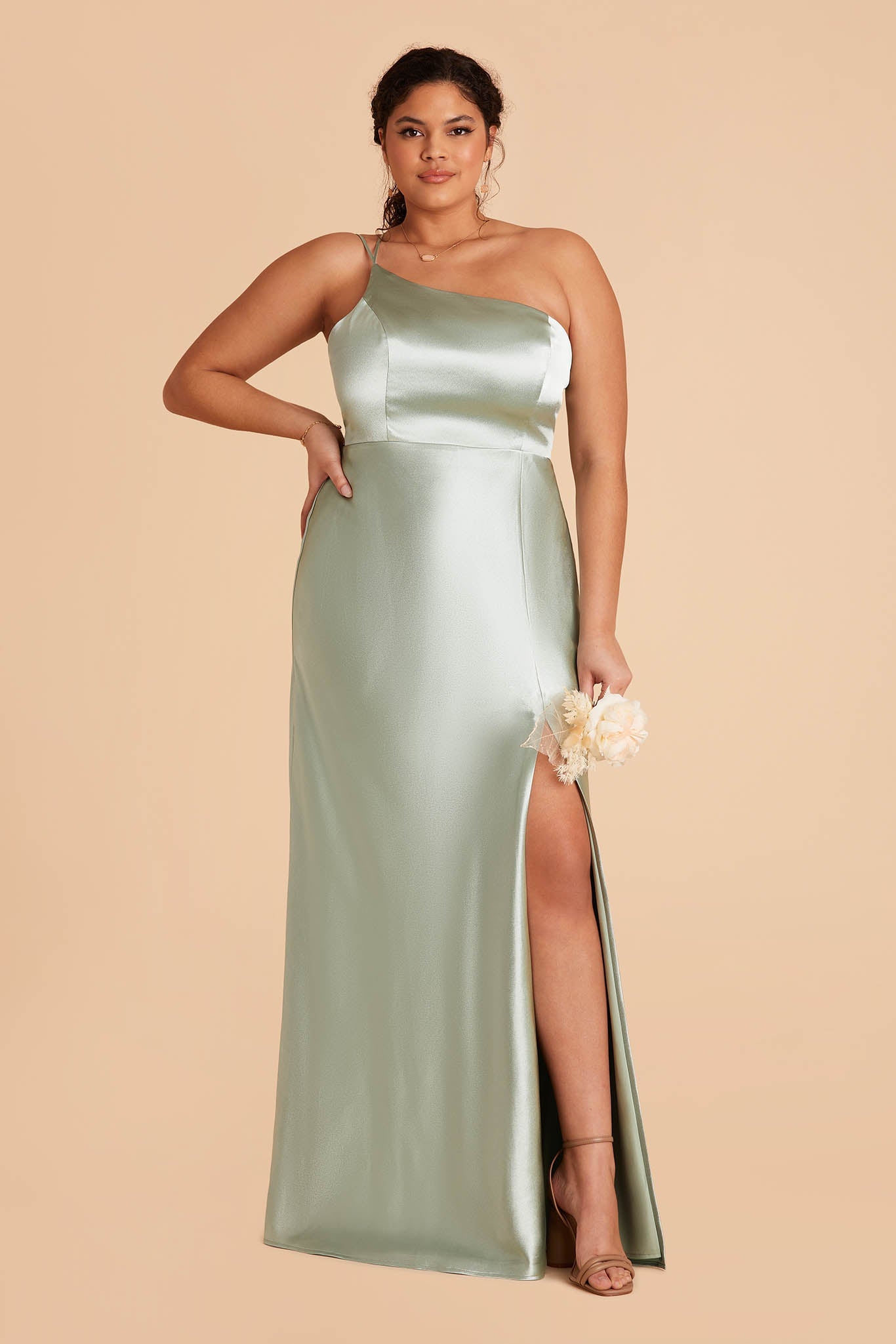 plus size long sage light green satin one-shoulder neckline with modern thin straps bridesmaid dress