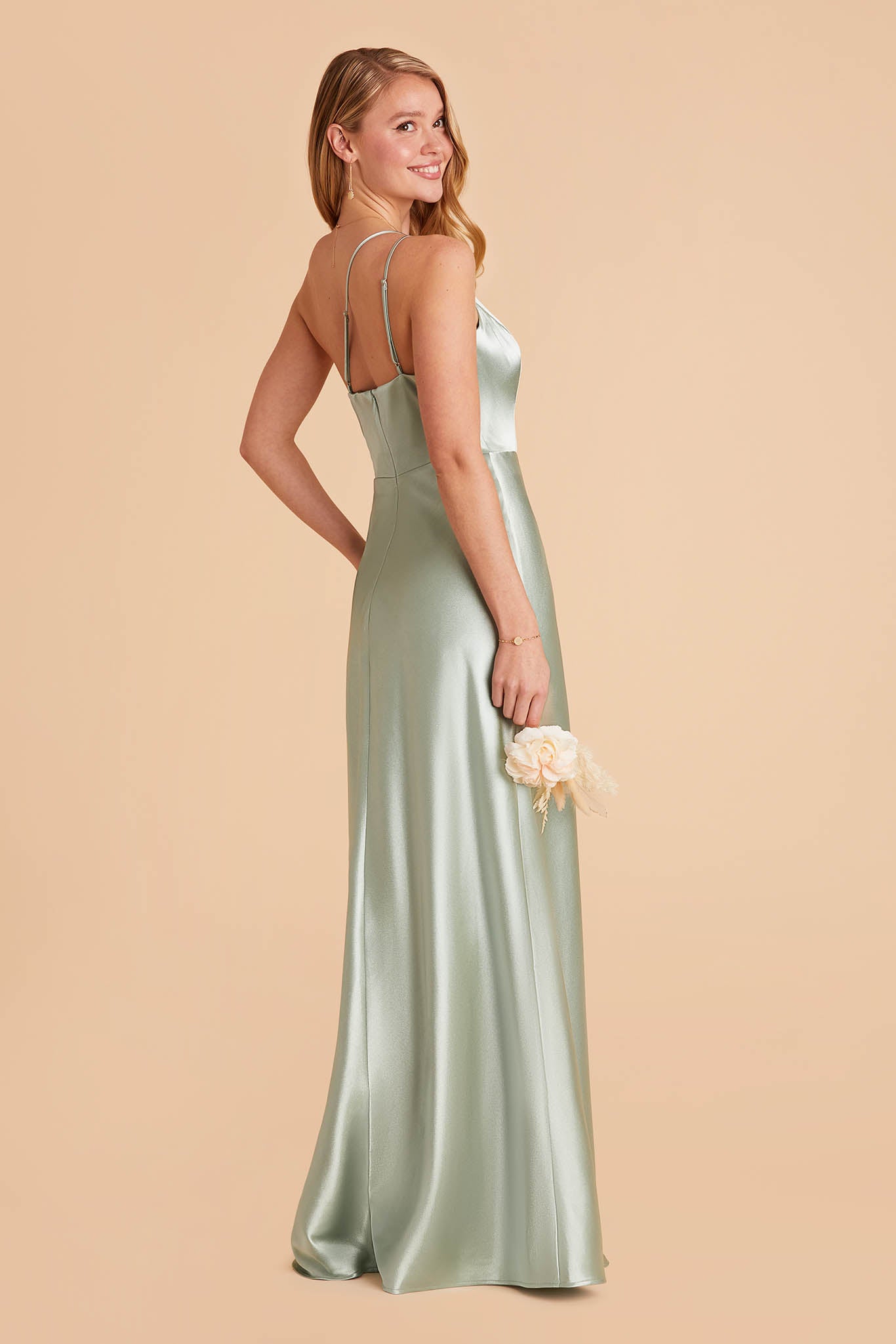 long sage light green satin one-shoulder neckline with modern thin straps bridesmaid dress