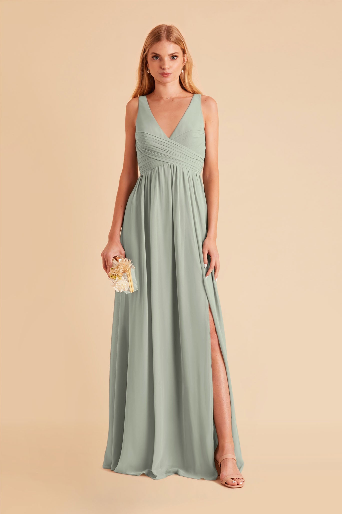 Laurie Empire maternity bridesmaid dress with slit in sage chiffon by Birdy Grey, front view